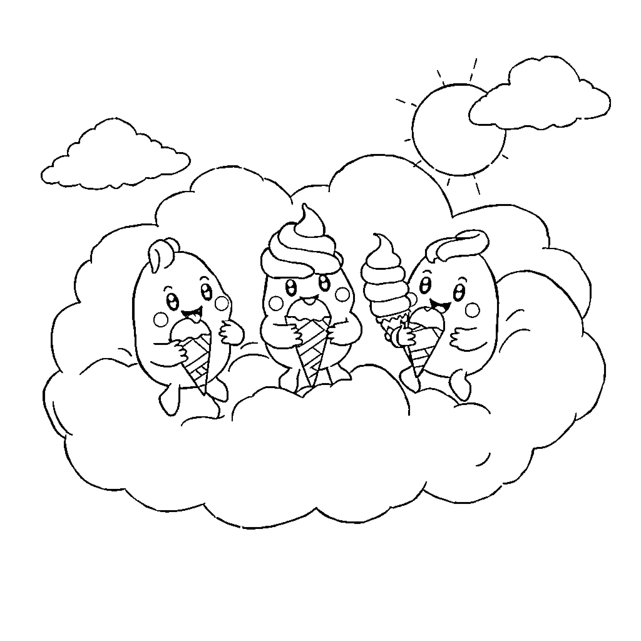 Mockel characters enjoying ice cream in the clouds Coloring Page (free black-and-white line drawing printable PDF for all, from beginners to advanced learners, including children, teens, adults, and seniors)