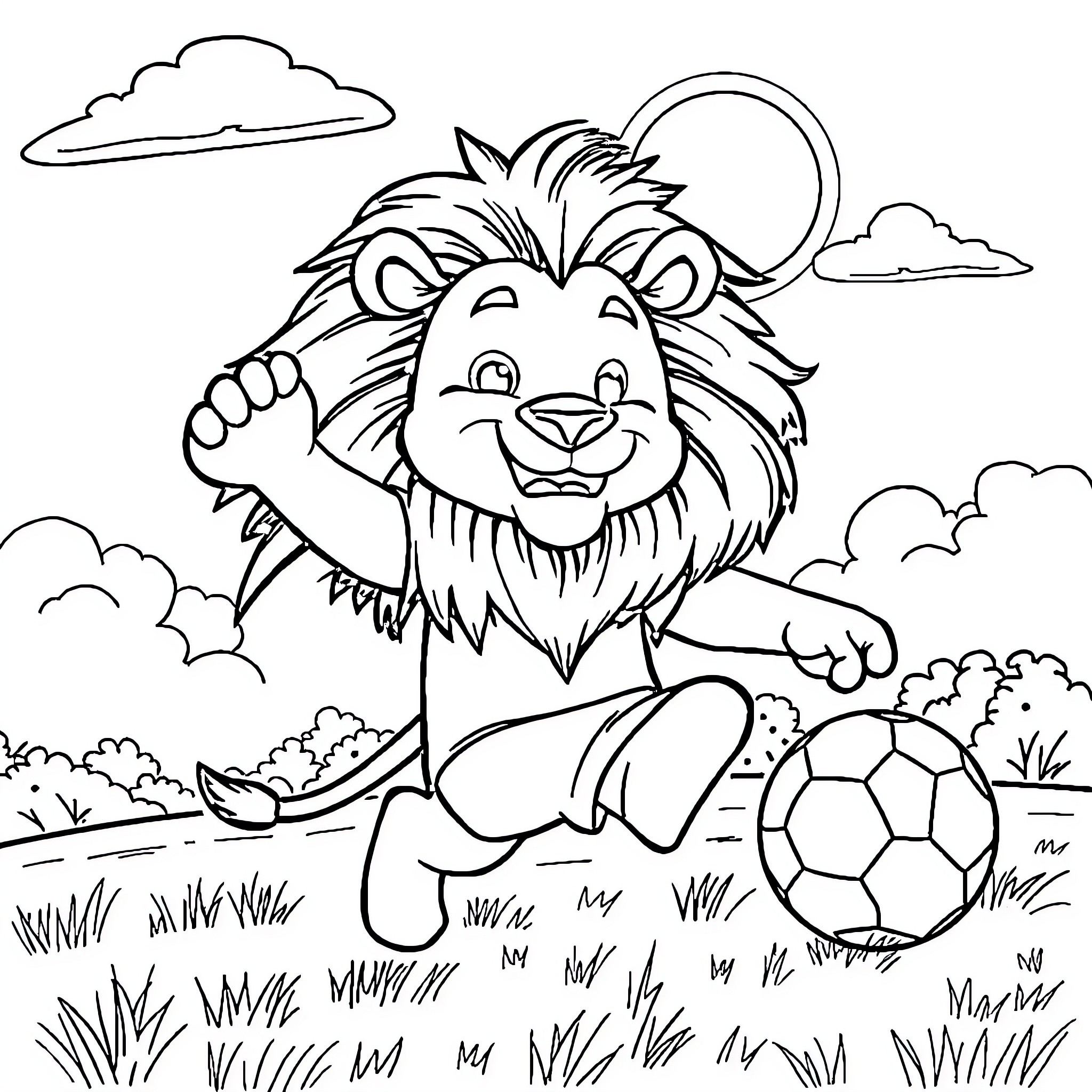 Lion playing with a soccer ball in the park Coloring Page (free black-and-white line drawing printable PDF for all, from beginners to advanced learners, including children, teens, adults, and seniors)