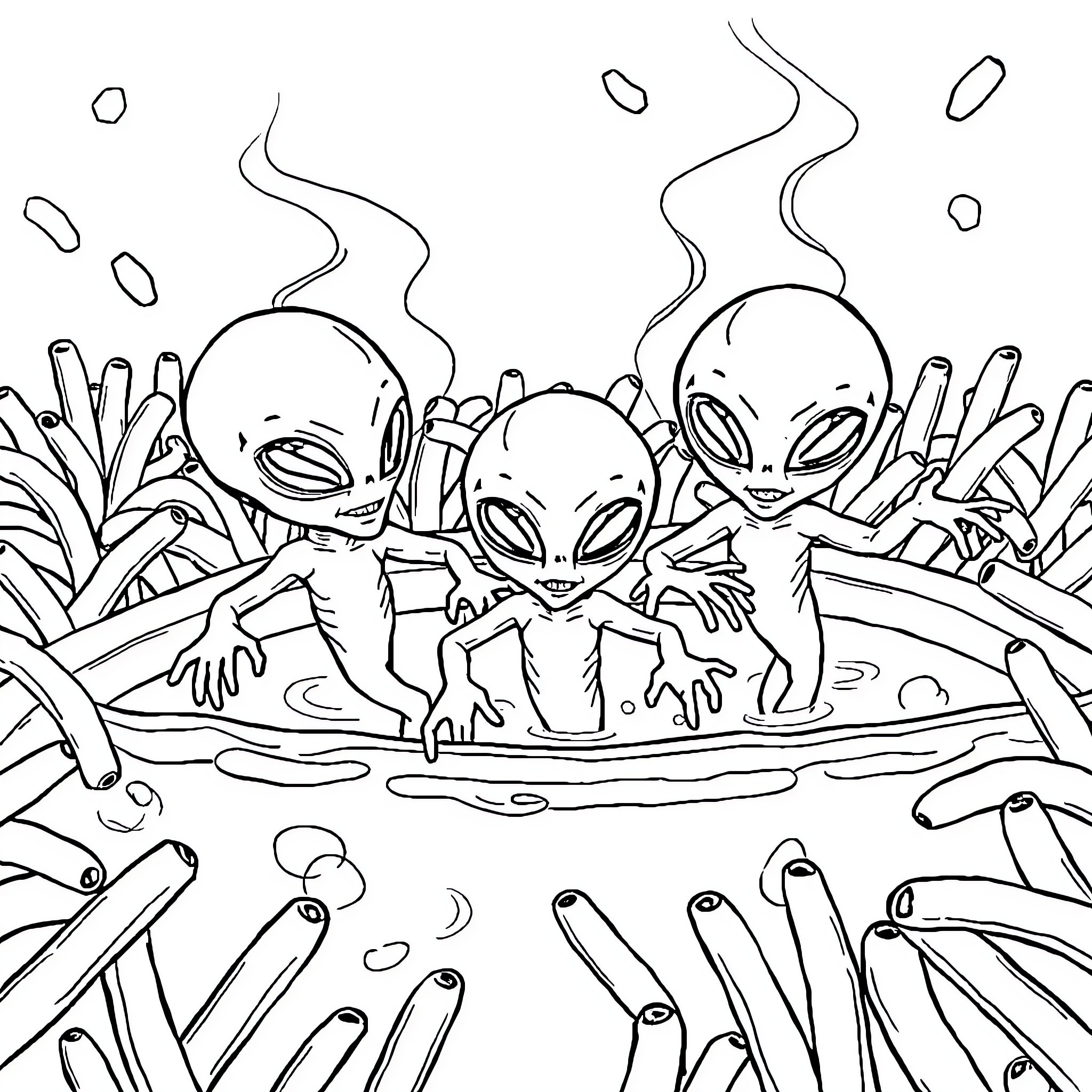Alien Creatures Relaxing in Hot Tub Coloring Page (free black-and-white line drawing printable PDF for all, from beginners to advanced learners, including children, teens, adults, and seniors)