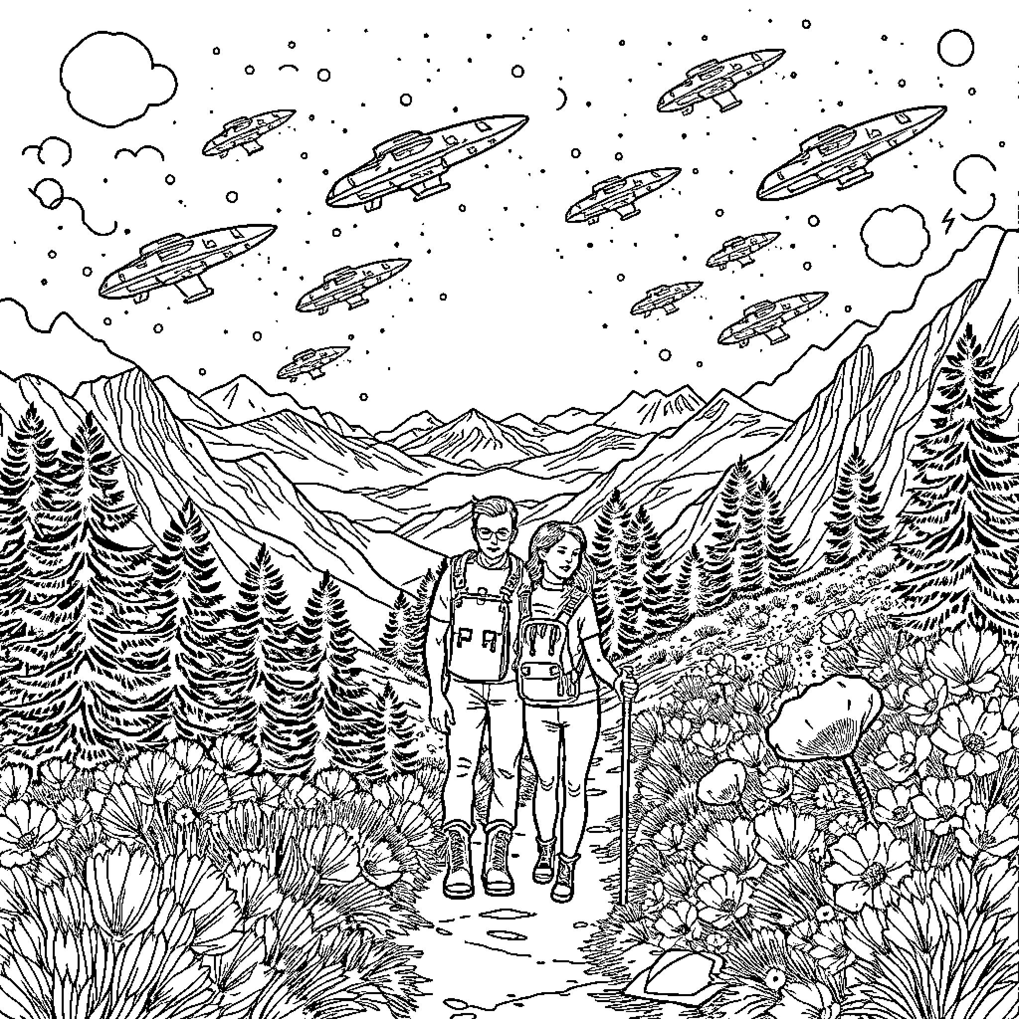 Hikers explore alien landscape with spacecraft in the sky Coloring Page (free black-and-white line drawing printable PDF for all, from beginners to advanced learners, including children, teens, adults, and seniors)