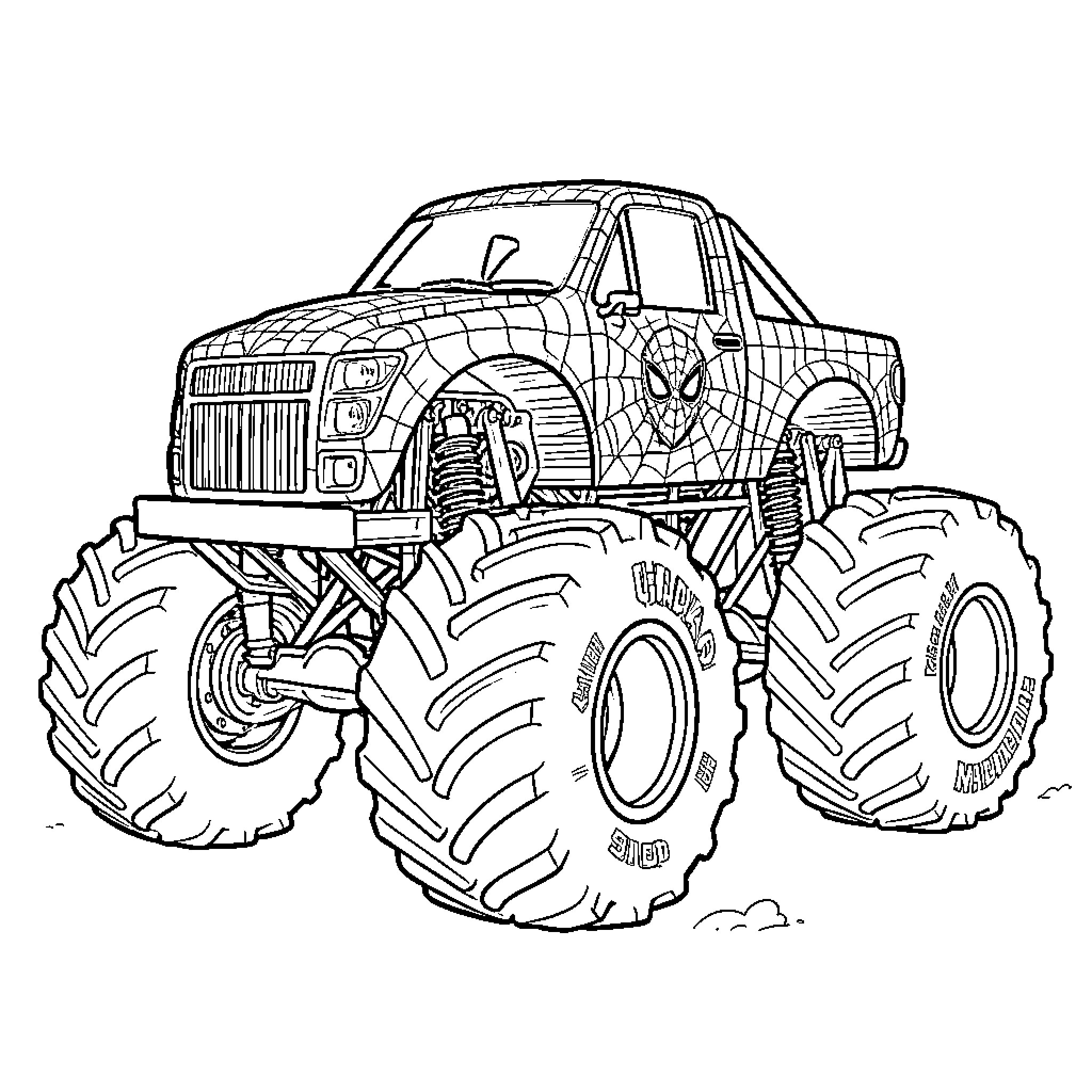 Monster Truck featuring a superhero spider web design Coloring Page (free black-and-white line drawing printable PDF for all, from beginners to advanced learners, including children, teens, adults, and seniors)