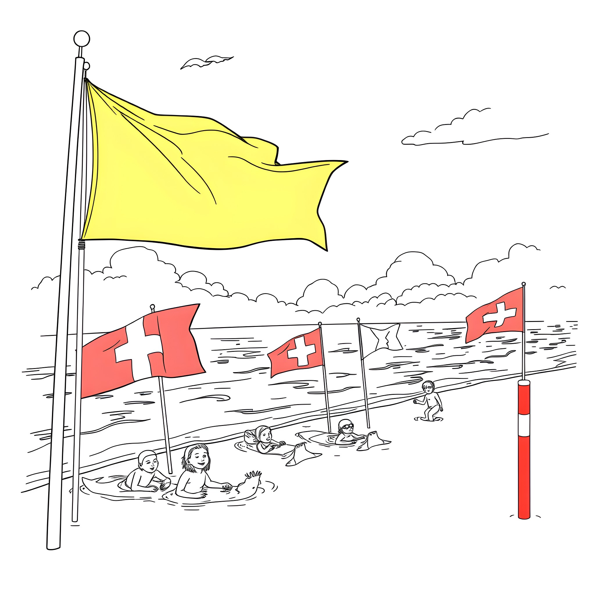 Beach scene with people swimming and flags waving Coloring Page (free black-and-white line drawing printable PDF for all, from beginners to advanced learners, including children, teens, adults, and seniors)
