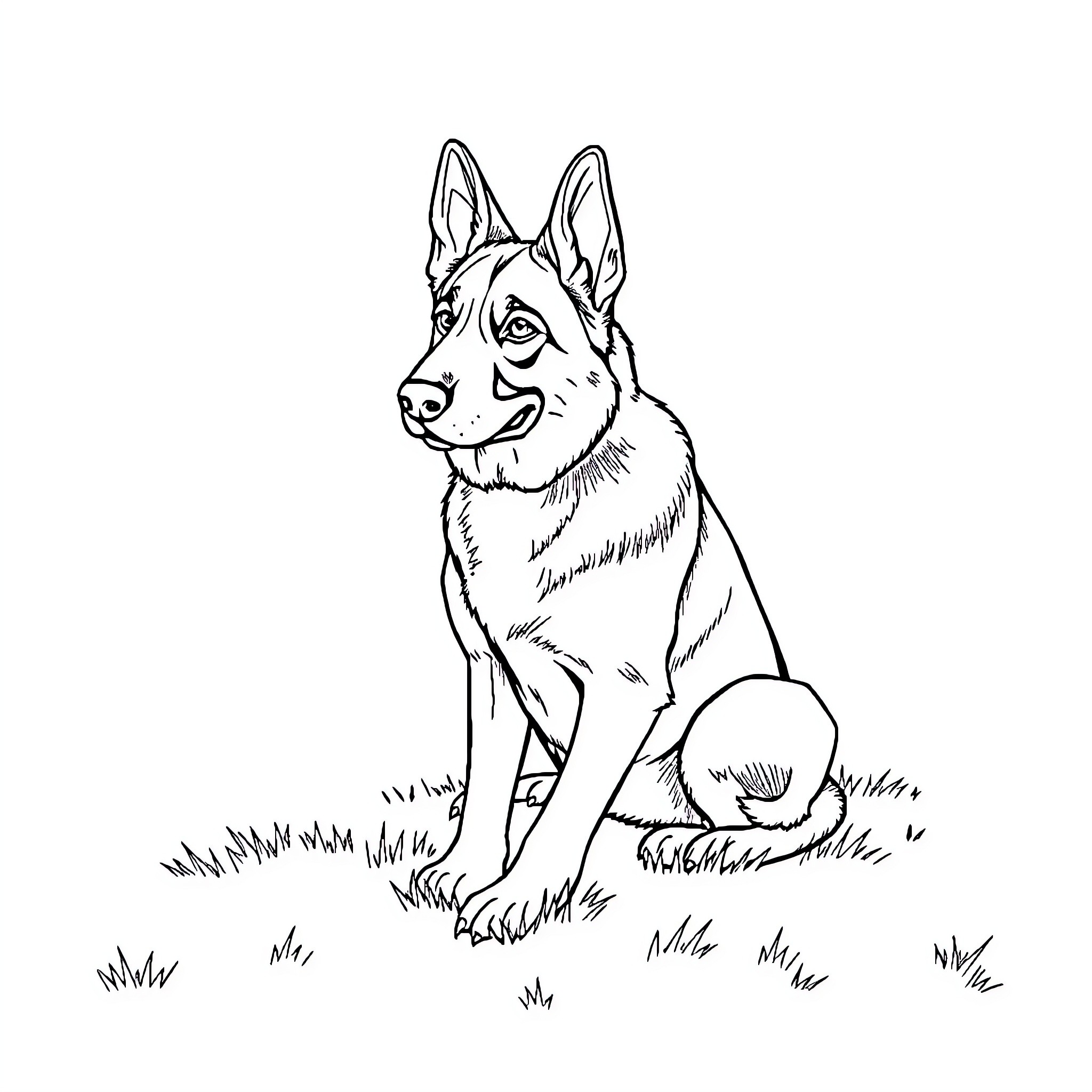German Shepherd standing alert in a grassy field Coloring Page (free black-and-white line drawing printable PDF for all, from beginners to advanced learners, including children, teens, adults, and seniors)