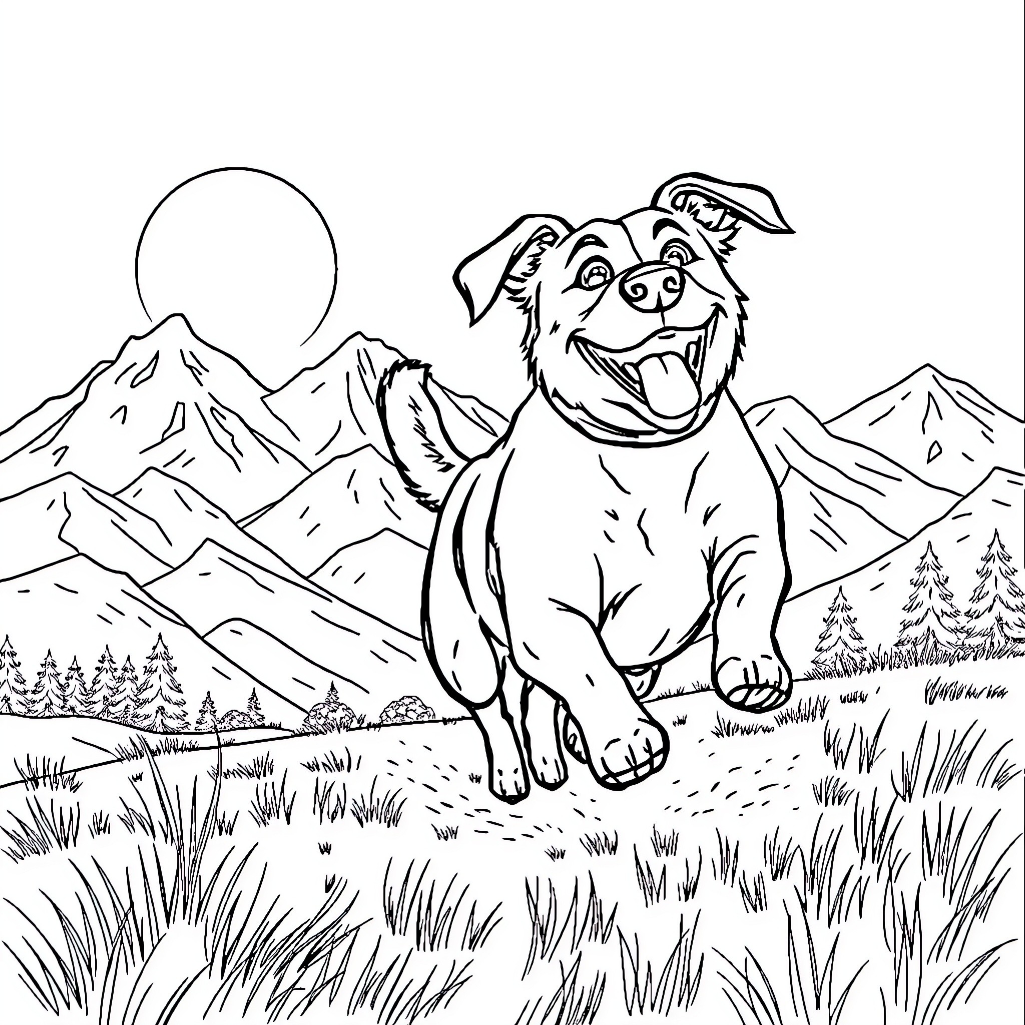 Dog happily roaming in the mountains Coloring Page (free black-and-white line drawing printable PDF for all, from beginners to advanced learners, including children, teens, adults, and seniors)