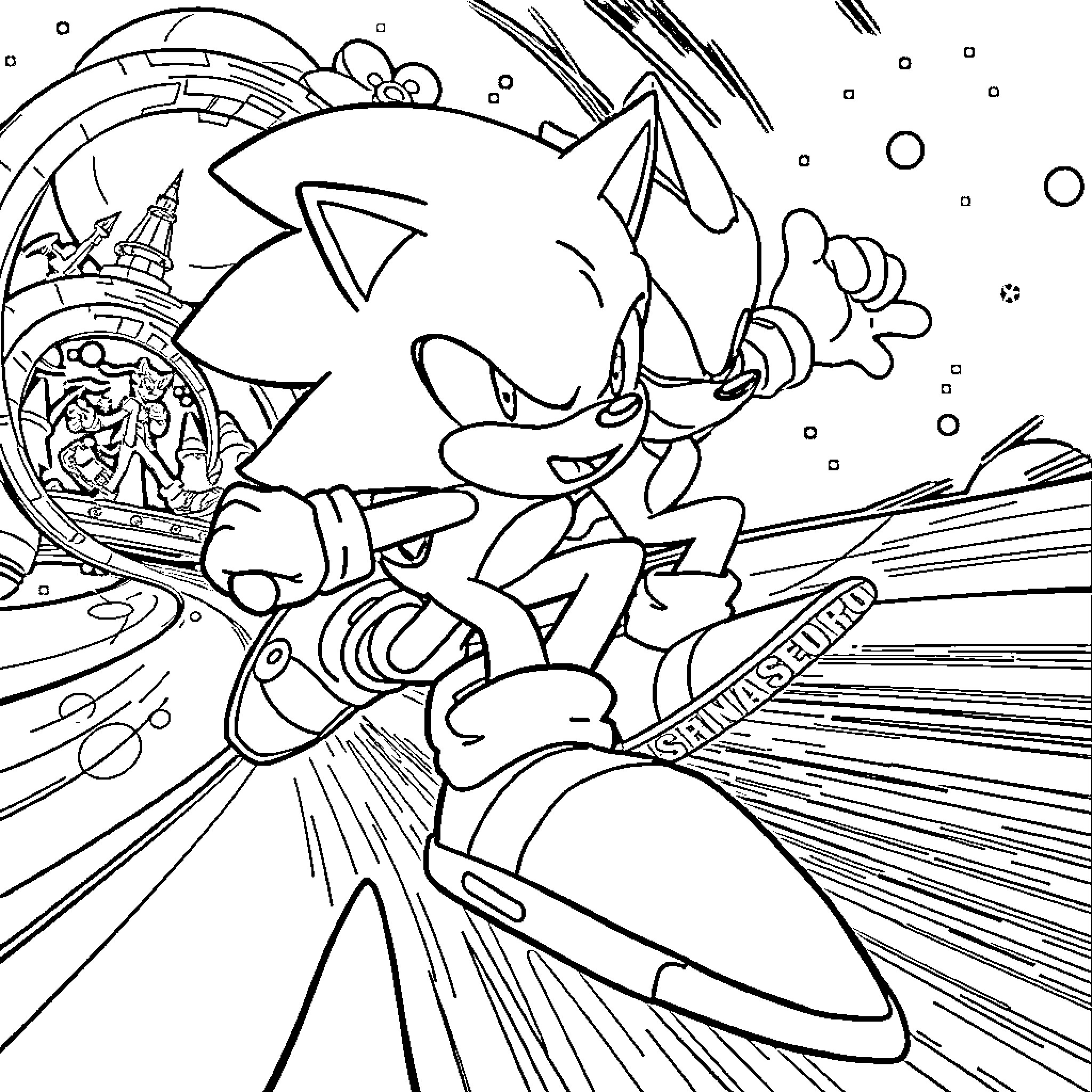 Sonic racing through a futuristic landscape Coloring Page (free black-and-white line drawing printable PDF for all, from beginners to advanced learners, including children, teens, adults, and seniors)