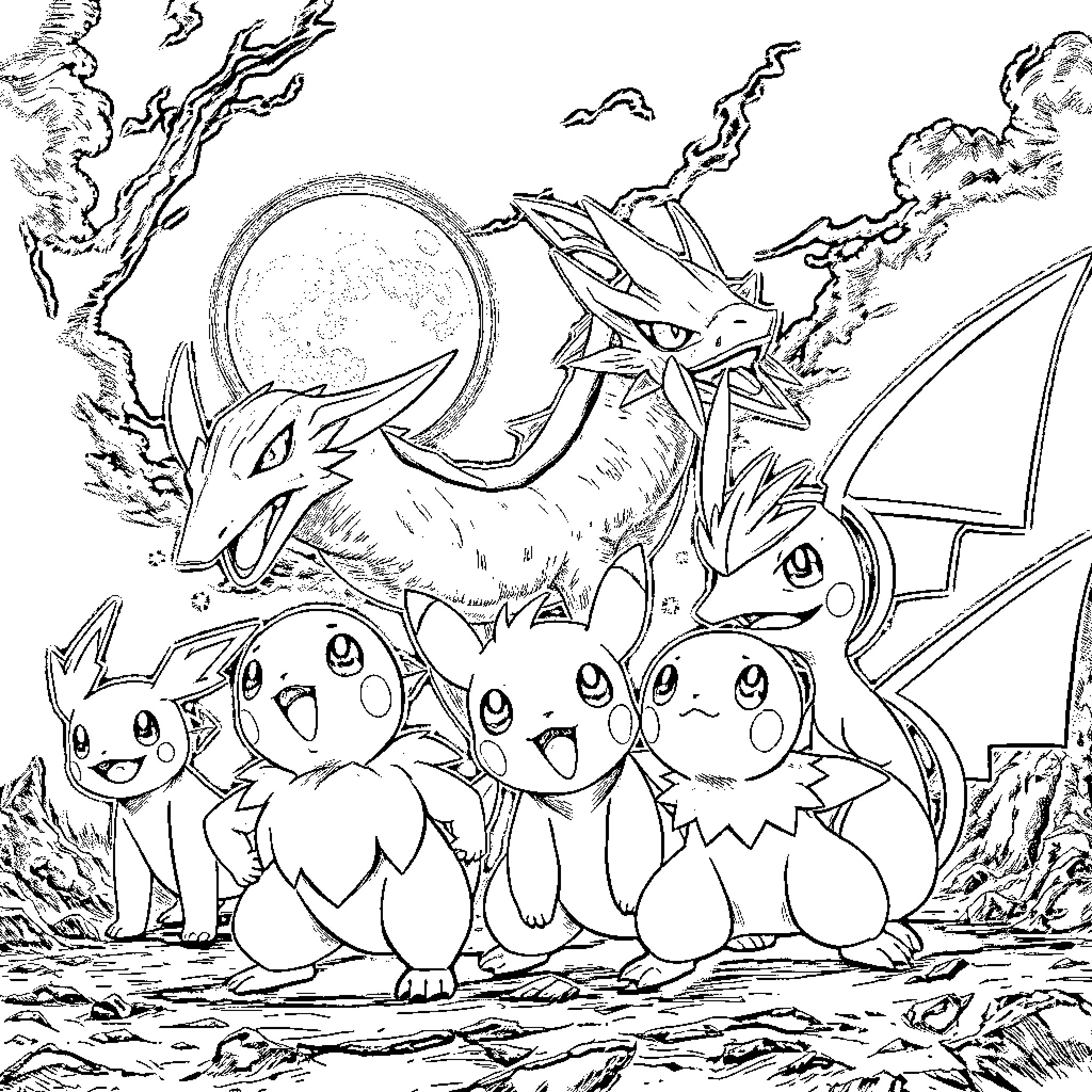 Pokémon characters in a fantasy landscape Coloring Page (free black-and-white line drawing printable PDF for all, from beginners to advanced learners, including children, teens, adults, and seniors)