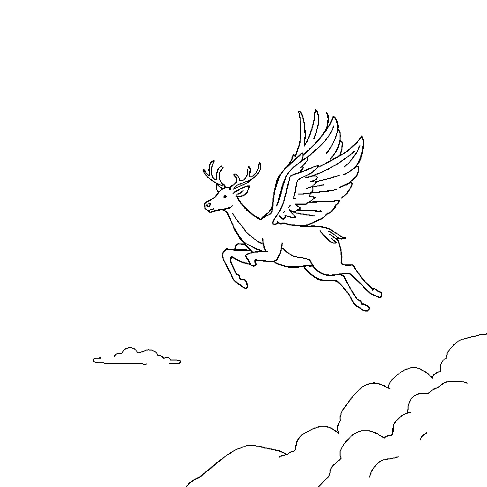 Reindeer soaring through the clouds Coloring Page (free black-and-white line drawing printable PDF for all, from beginners to advanced learners, including children, teens, adults, and seniors)
