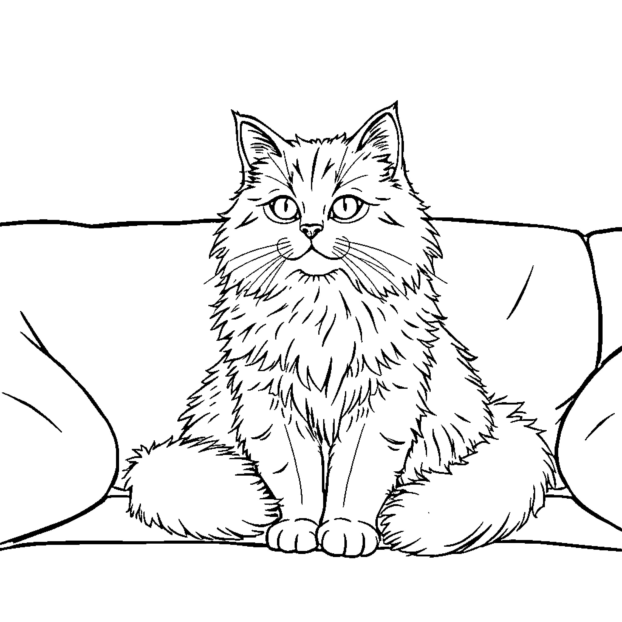 Cat sitting on couch in black and white Coloring Page (free black-and-white line drawing printable PDF for all, from beginners to advanced learners, including children, teens, adults, and seniors)