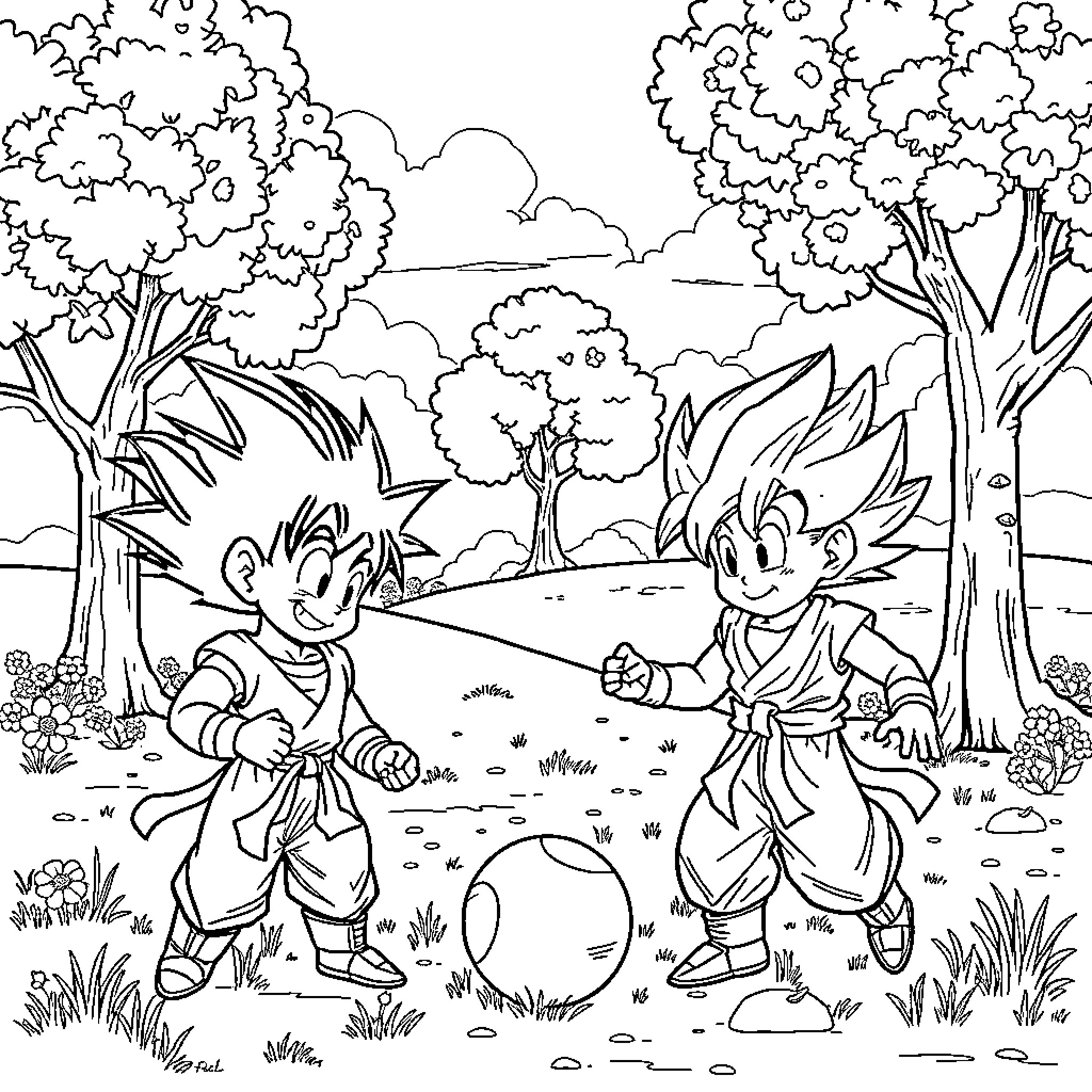 Vegeta characters playing in nature Coloring Page (free black-and-white line drawing printable PDF for all, from beginners to advanced learners, including children, teens, adults, and seniors)