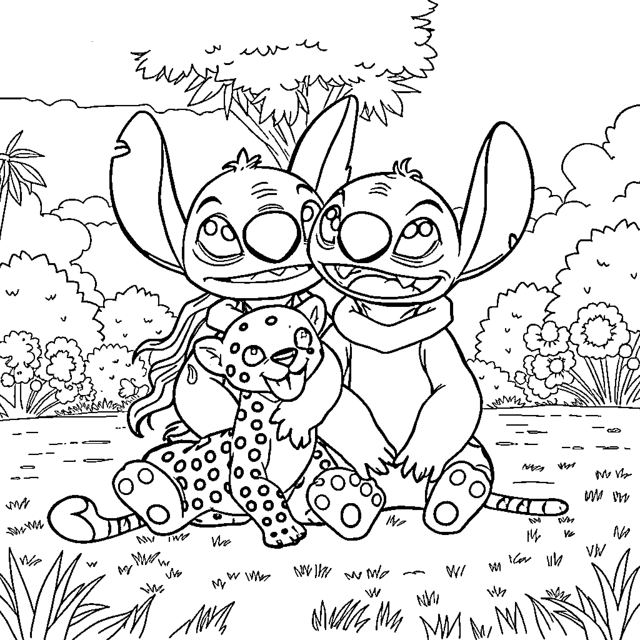 Lilo And Stitch Exploring the Tropical Landscape Coloring Page (free black-and-white line drawing printable PDF for all, from beginners to advanced learners, including children, teens, adults, and seniors)