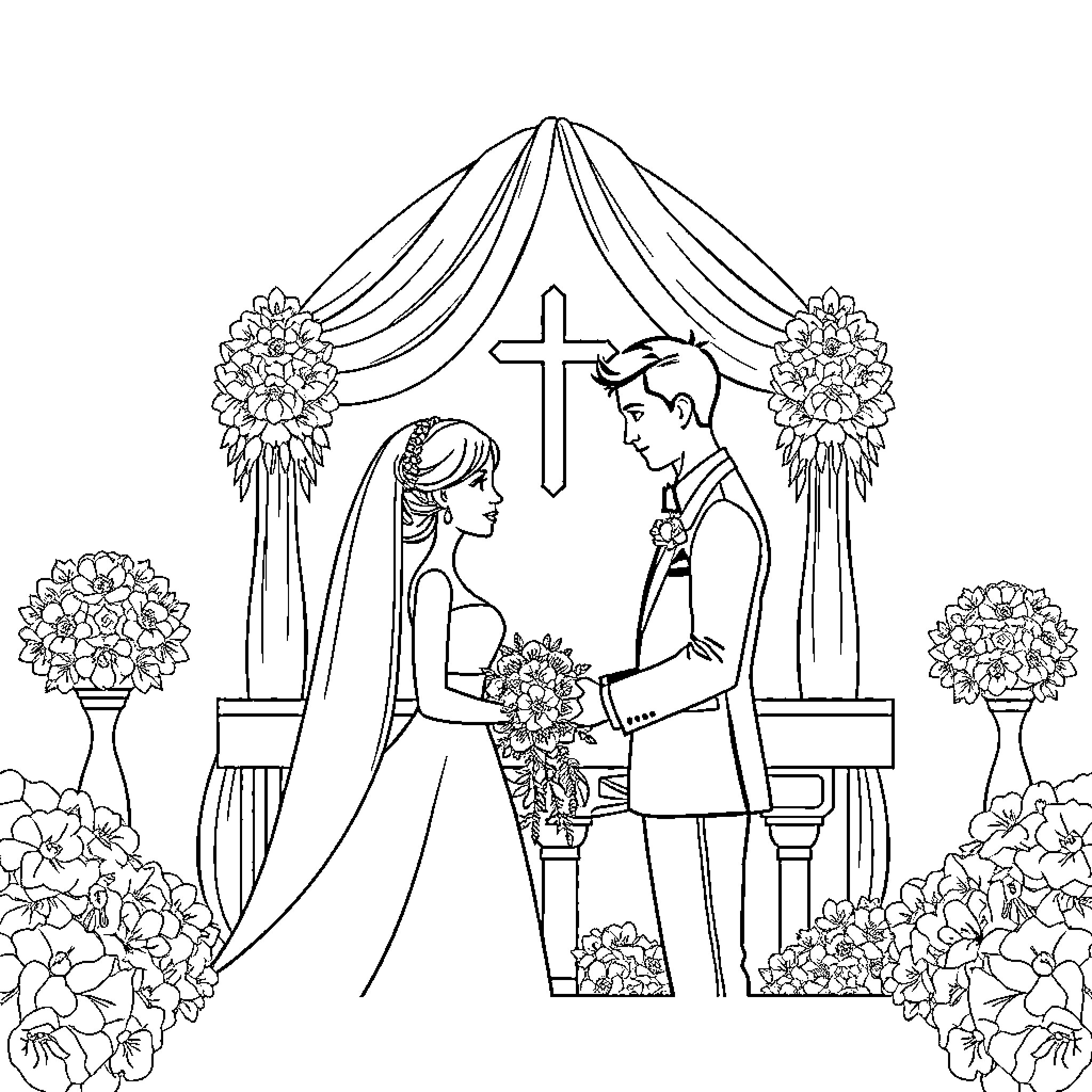 Couple exchanging vows at a wedding ceremony Coloring Page (free black-and-white line drawing printable PDF for all, from beginners to advanced learners, including children, teens, adults, and seniors)