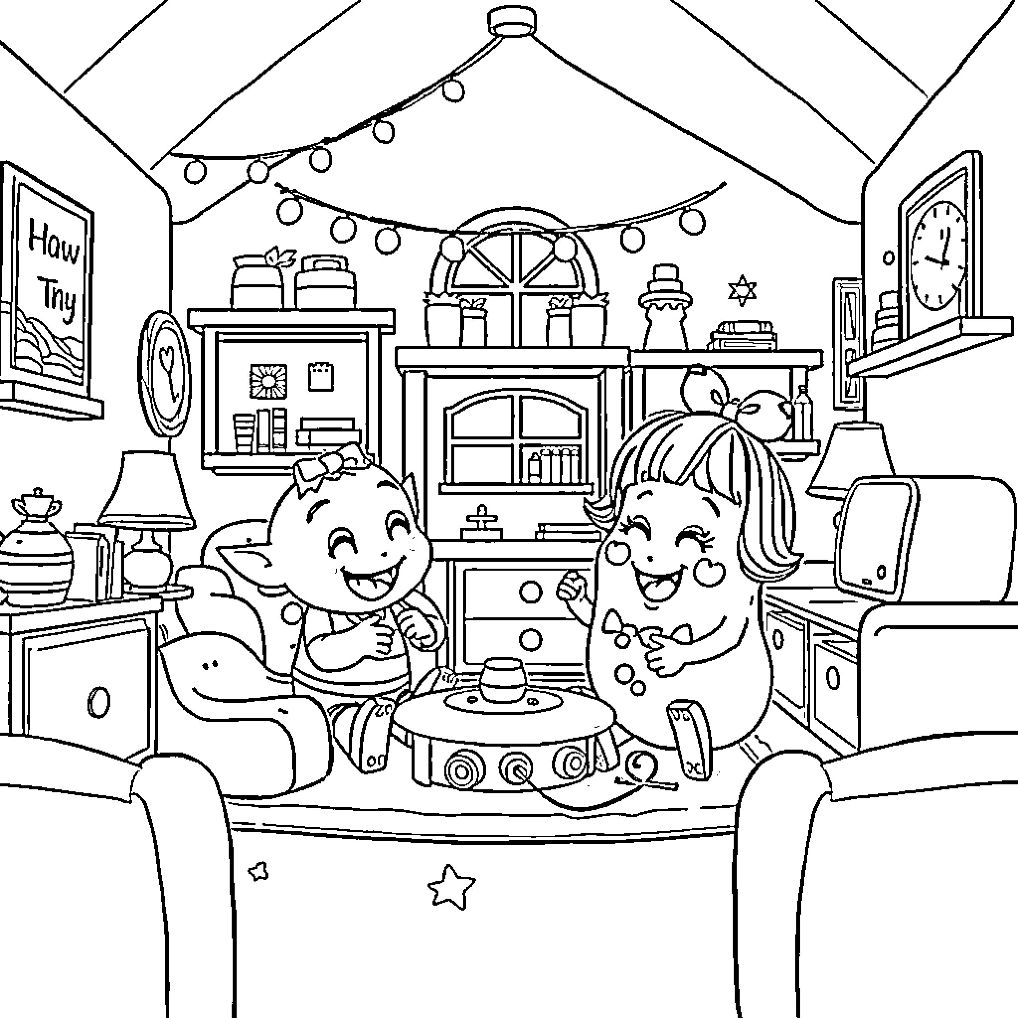 Chip and Potato enjoying a cozy living room together Coloring Page (free black-and-white line drawing printable PDF for all, from beginners to advanced learners, including children, teens, adults, and seniors)
