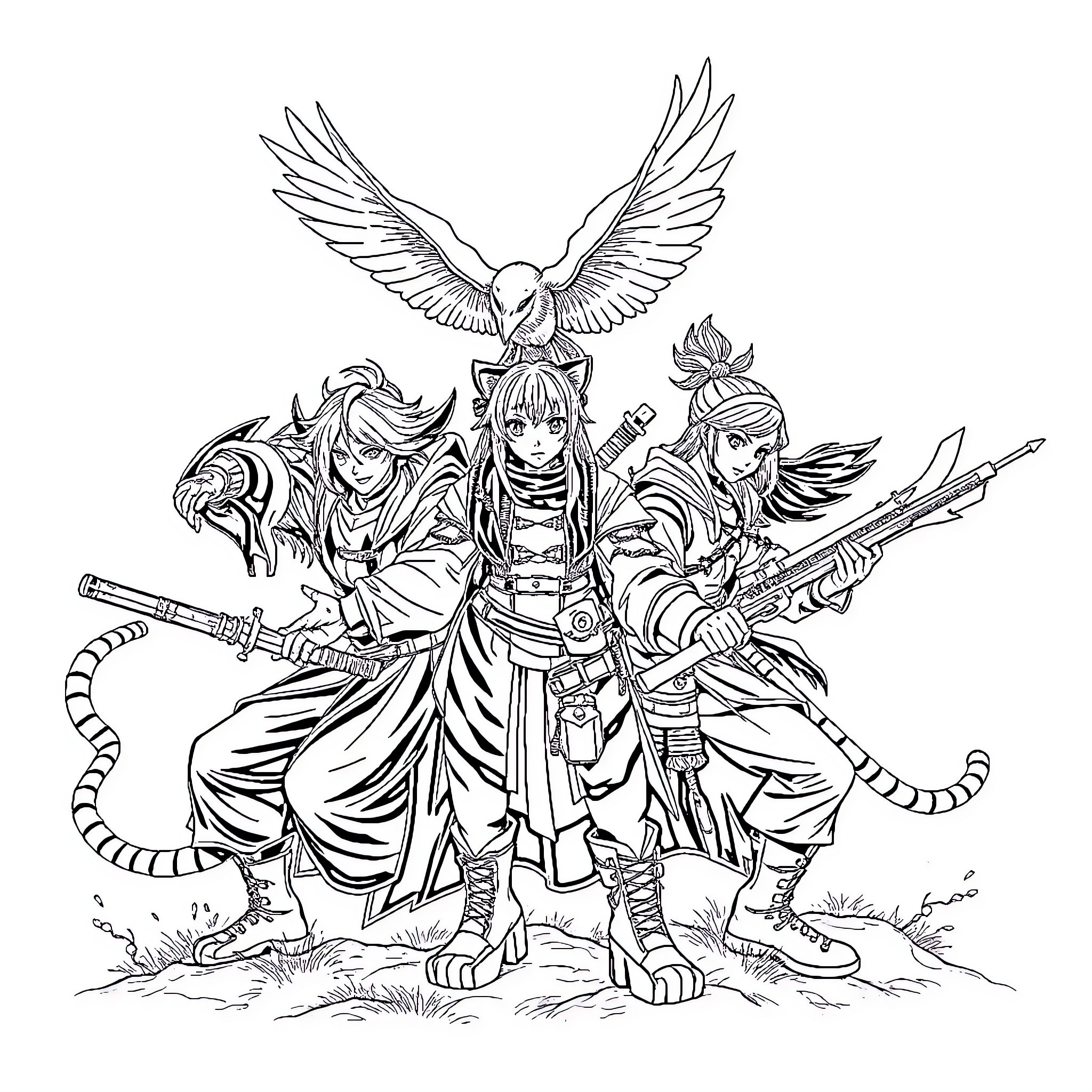 Kpop Demon Hunter: Heroic Trio Battling with Weapons Coloring Page (free black-and-white line drawing printable PDF for all, from beginners to advanced learners, including children, teens, adults, and seniors)