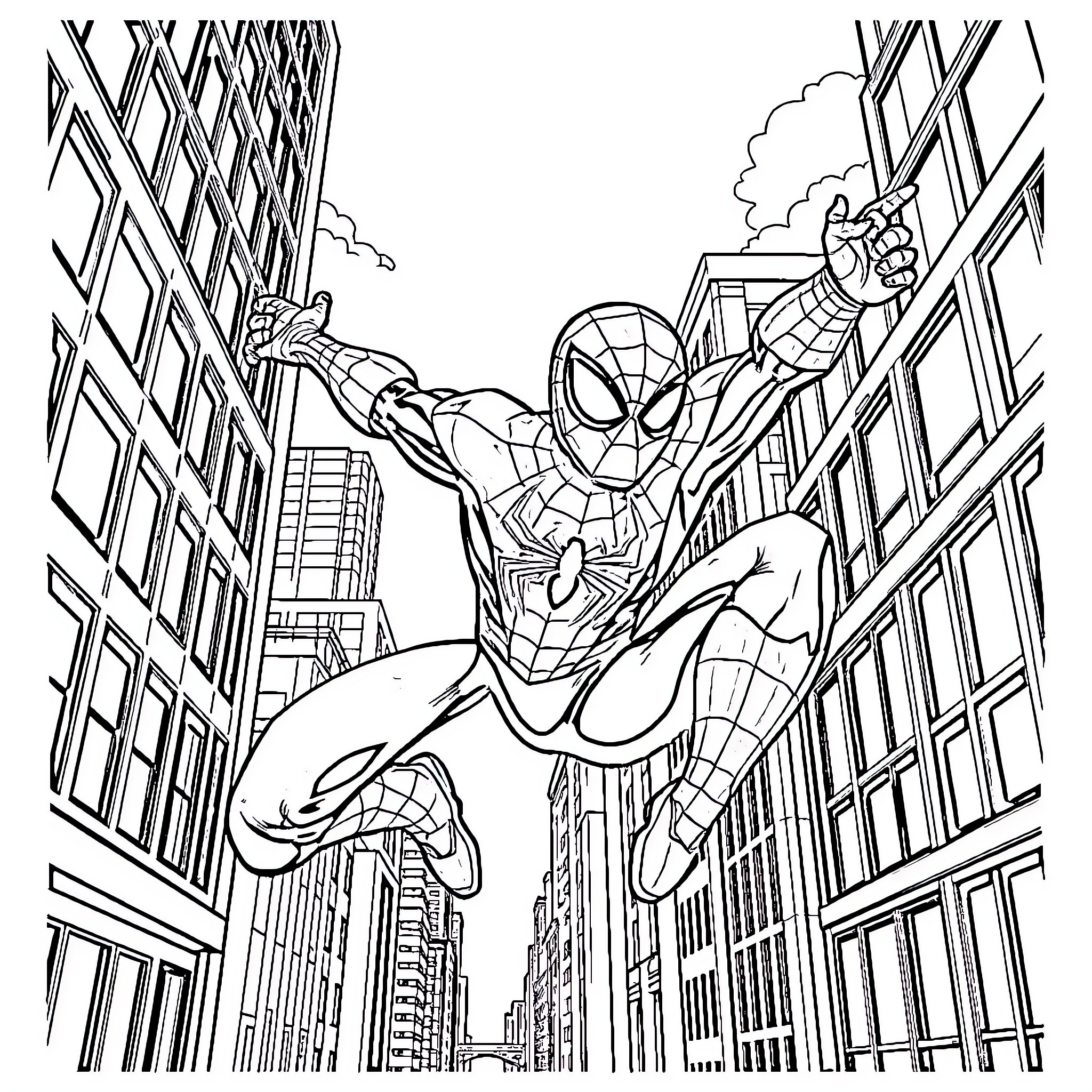 Spider-Man swinging through the city skyline Coloring Page (free black-and-white line drawing printable PDF for all, from beginners to advanced learners, including children, teens, adults, and seniors)