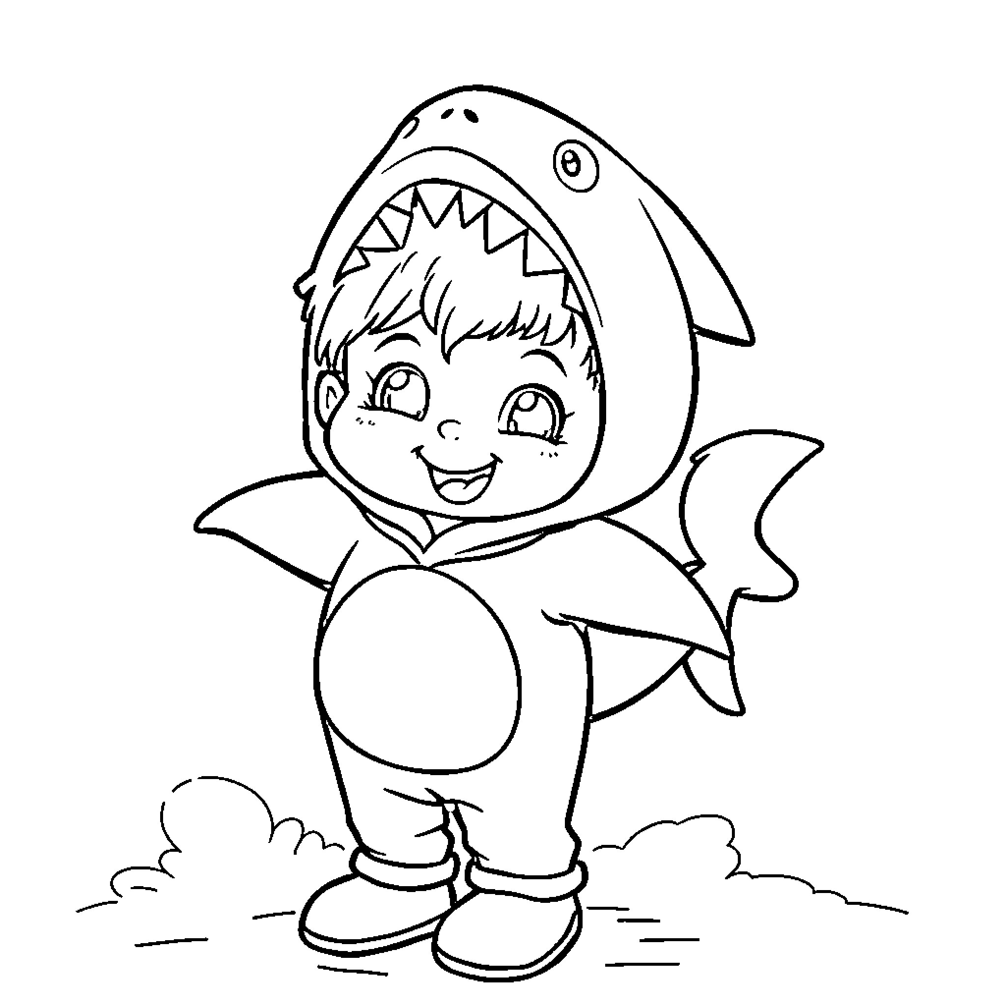 Shark-themed child in playful costume Coloring Page (free black-and-white line drawing printable PDF for all, from beginners to advanced learners, including children, teens, adults, and seniors)