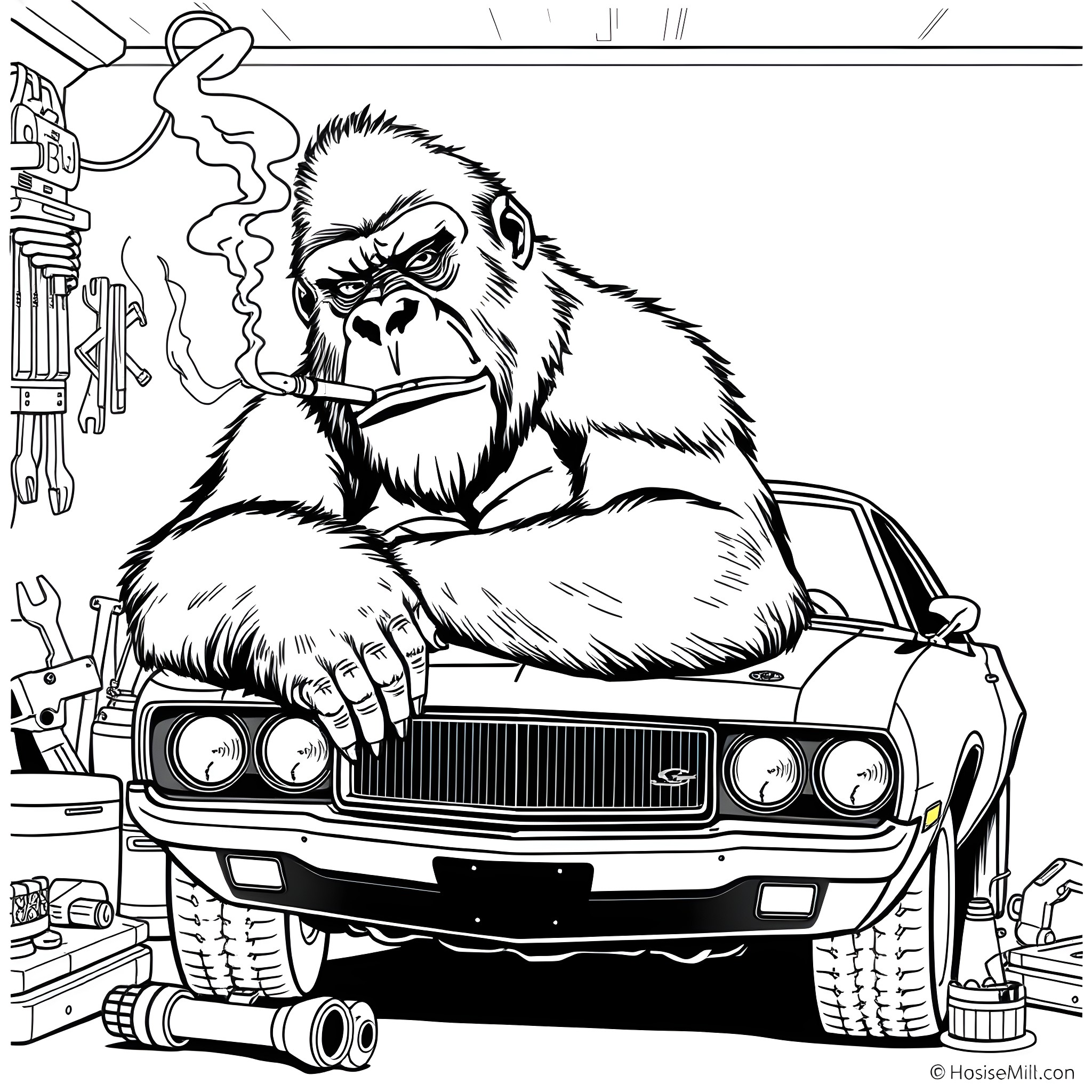Gorilla mechanic working on muscle car Coloring Page (free black-and-white line drawing printable PDF for all, from beginners to advanced learners, including children, teens, adults, and seniors)