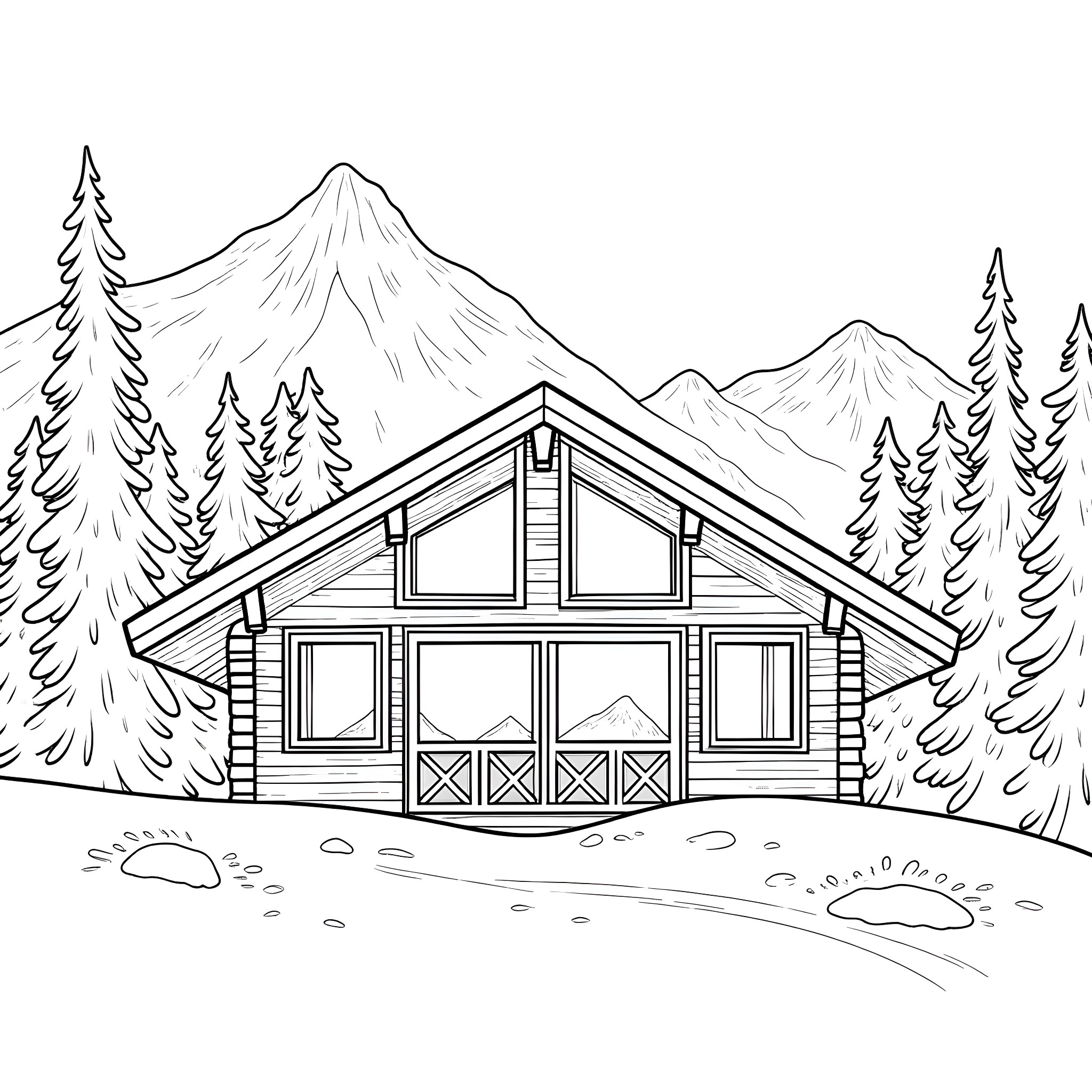Chalet in the Snowy Mountain Wilderness Coloring Page (free black-and-white line drawing printable PDF for all, from beginners to advanced learners, including children, teens, adults, and seniors)