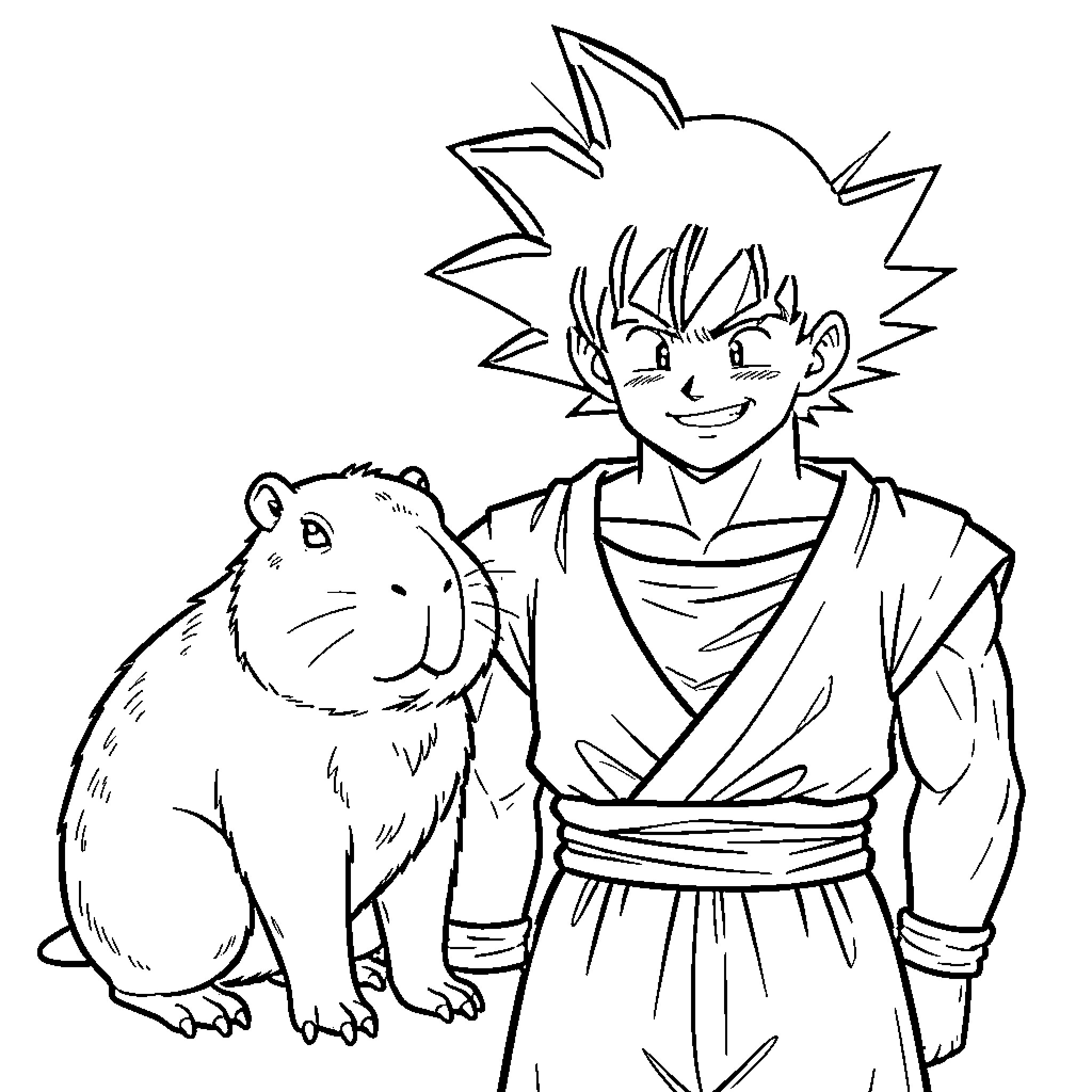 Capybara and cheerful anime-style character Coloring Page (free black-and-white line drawing printable PDF for all, from beginners to advanced learners, including children, teens, adults, and seniors)