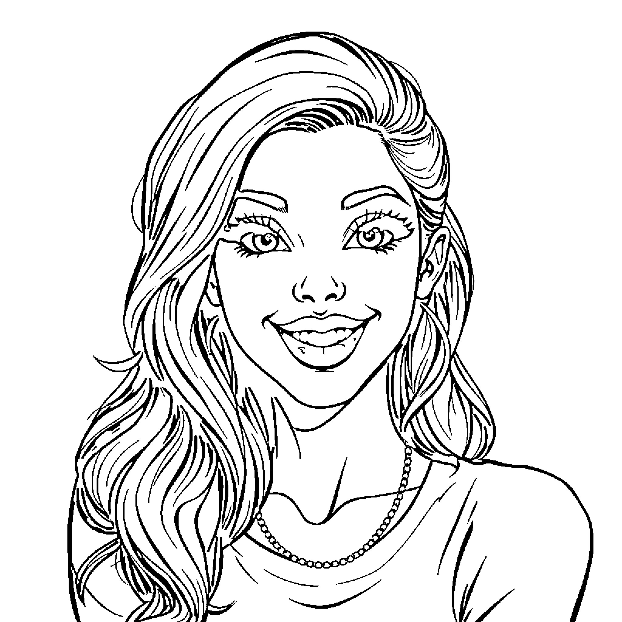 Brat with charming smile and flowing hair Coloring Page (free black-and-white line drawing printable PDF for all, from beginners to advanced learners, including children, teens, adults, and seniors)