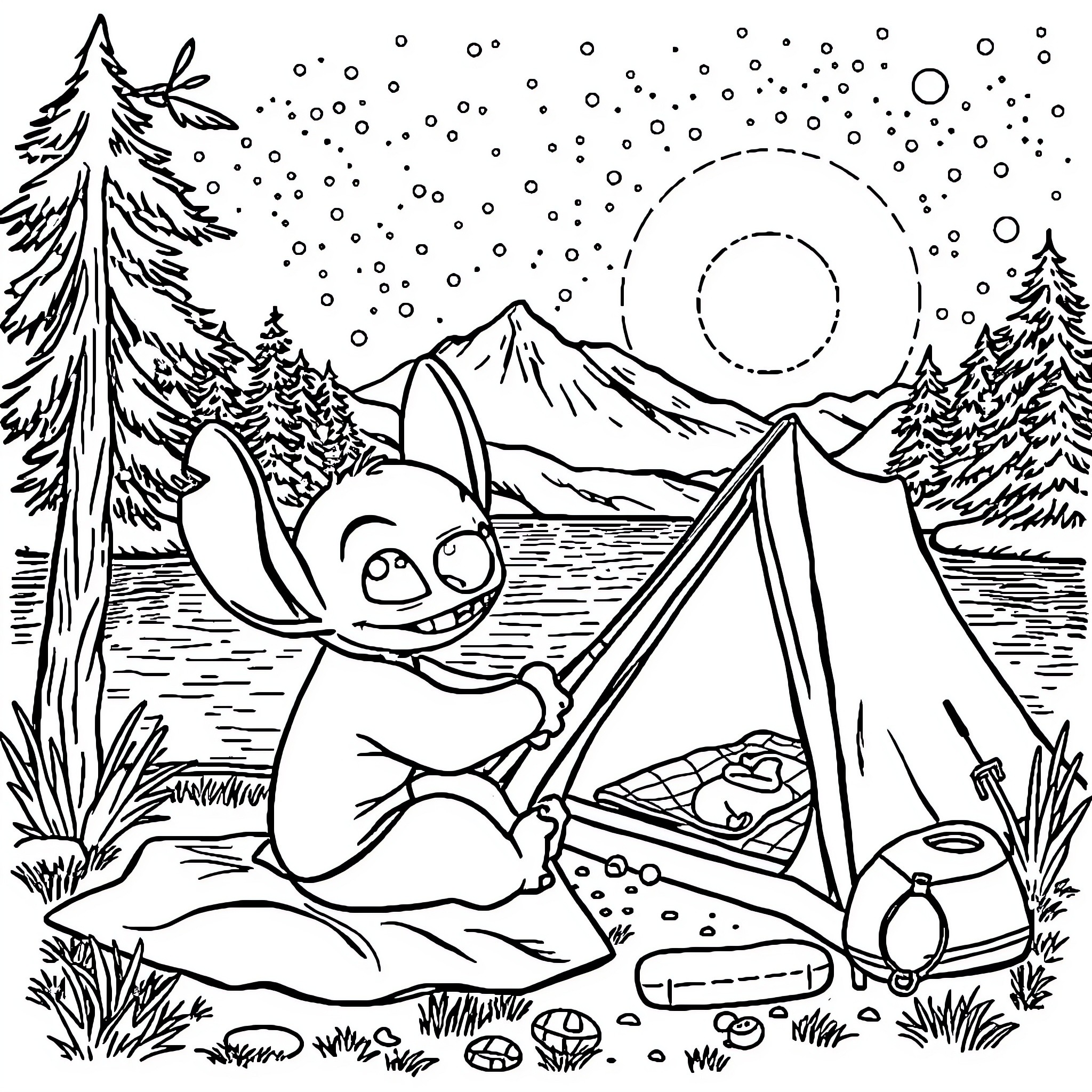 Stitch enjoying a camping adventure in the snowy mountains Coloring Page (free black-and-white line drawing printable PDF for all, from beginners to advanced learners, including children, teens, adults, and seniors)