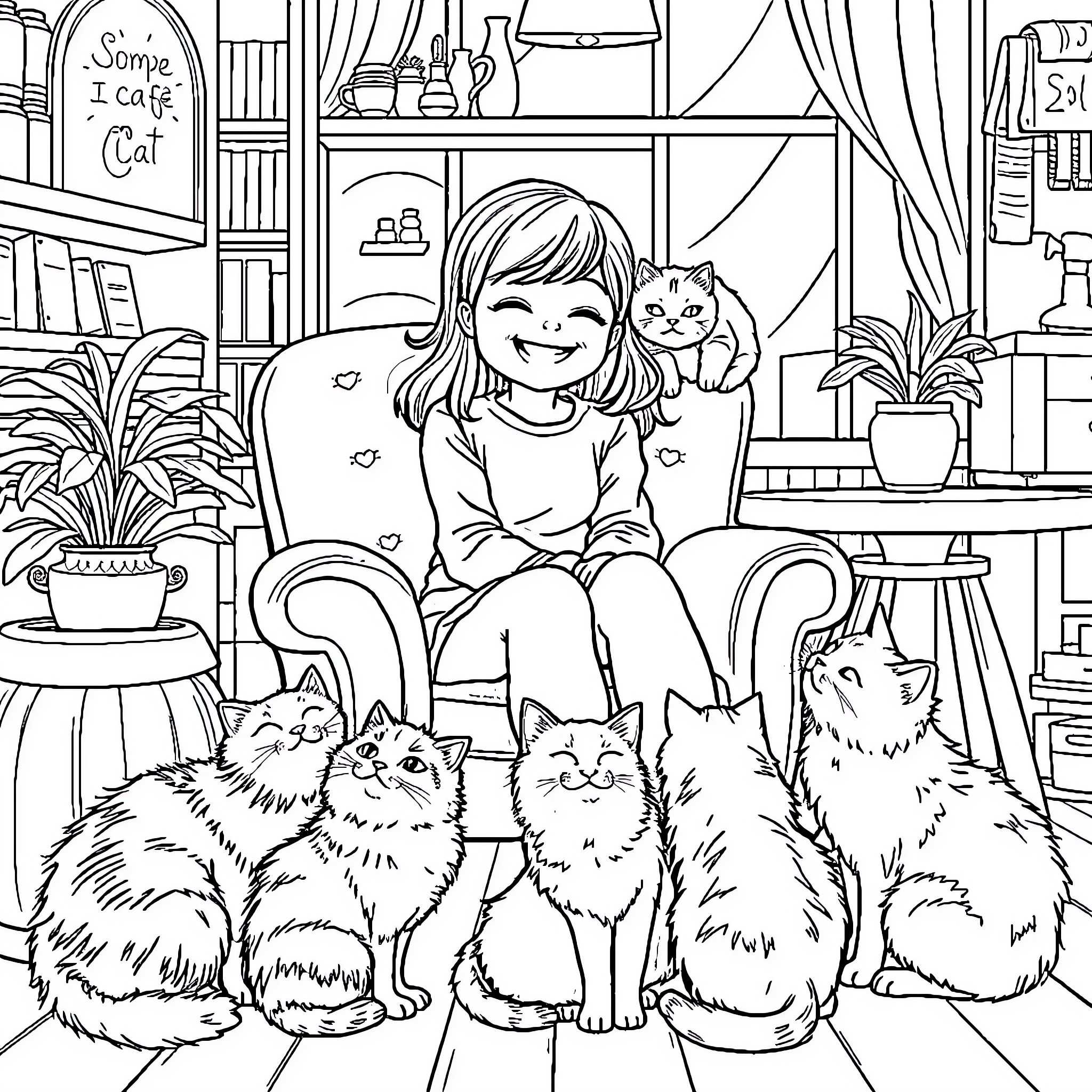 Girl Surrounded by Playful Kittens in Cozy Cafe Coloring Page (free black-and-white line drawing printable PDF for all, from beginners to advanced learners, including children, teens, adults, and seniors)