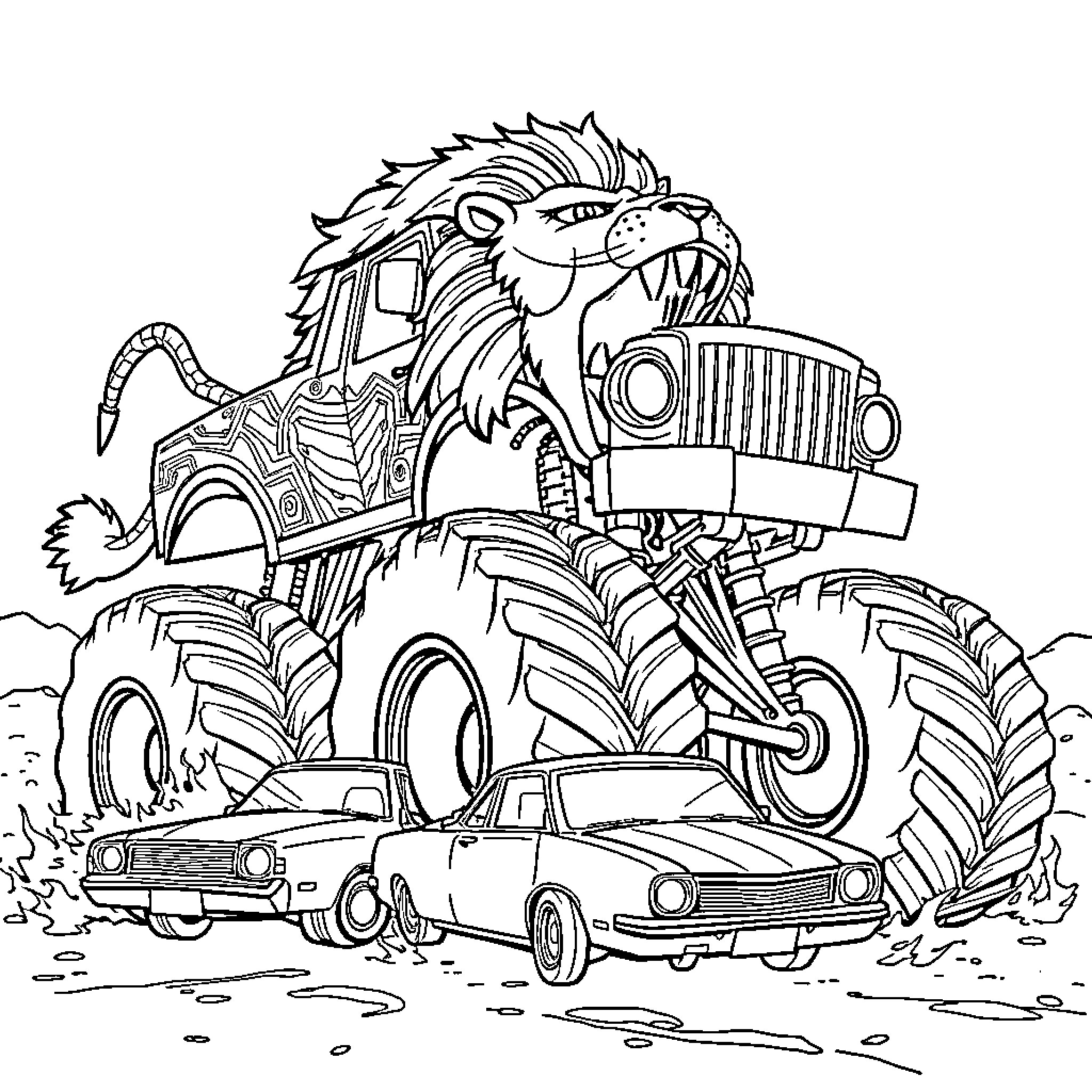 Lion Monster Truck Crushing Vehicles in the Wild Coloring Page (free black-and-white line drawing printable PDF for all, from beginners to advanced learners, including children, teens, adults, and seniors)