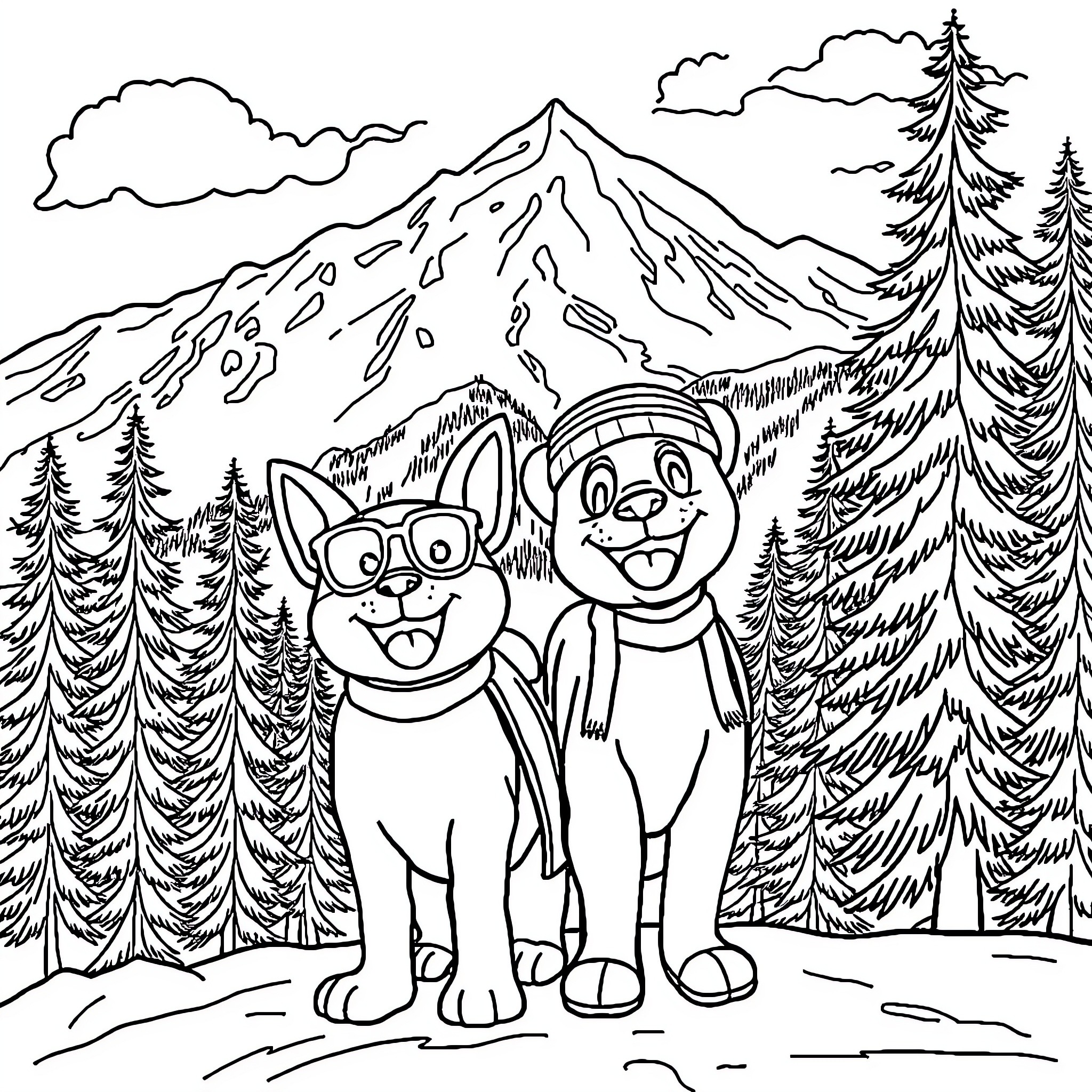 Bluey and Bingo's Mountain Adventure Coloring Page (free black-and-white line drawing printable PDF for all, from beginners to advanced learners, including children, teens, adults, and seniors)