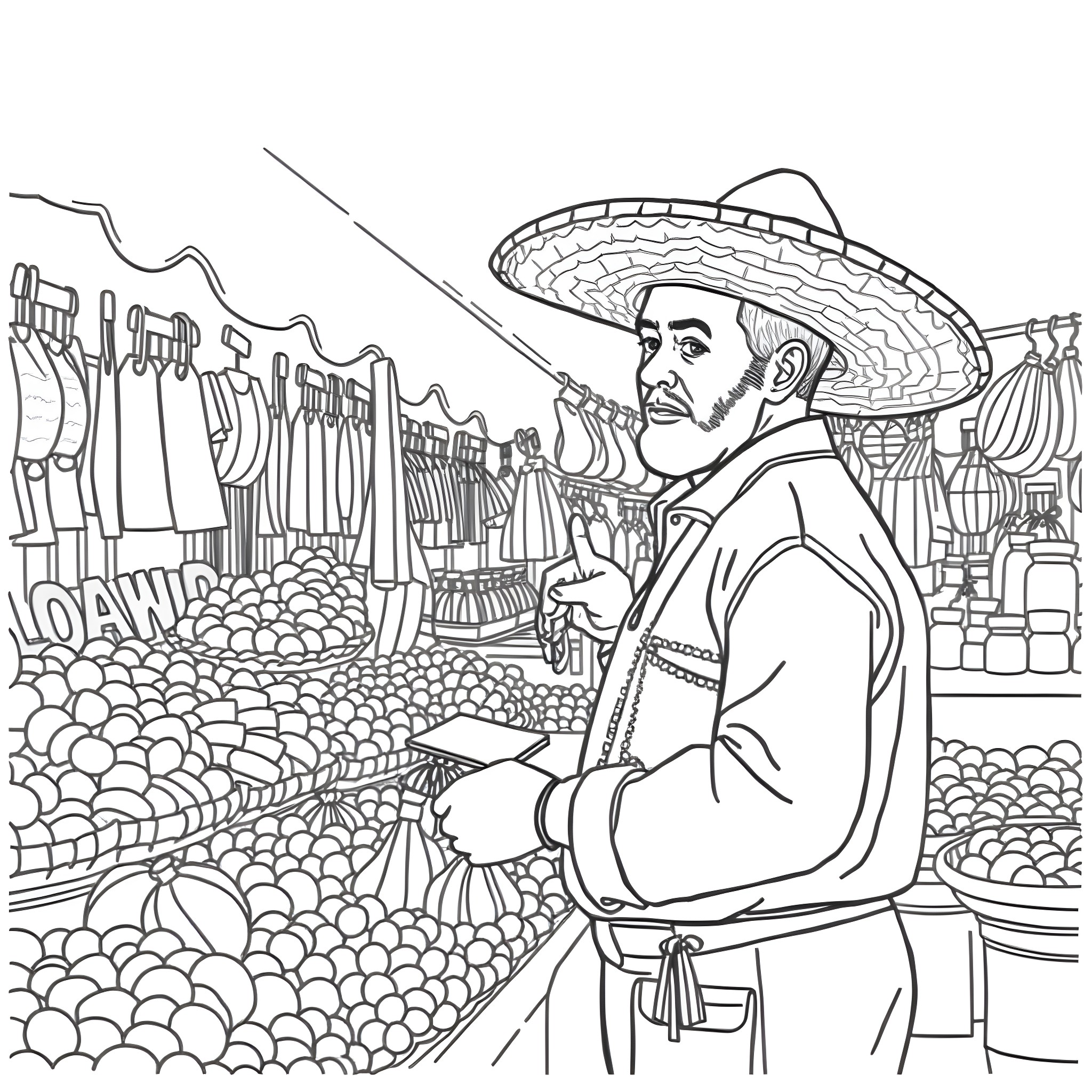Mexican Man Selling Produce at a Lively Market Coloring Page (free black-and-white line drawing printable PDF for all, from beginners to advanced learners, including children, teens, adults, and seniors)
