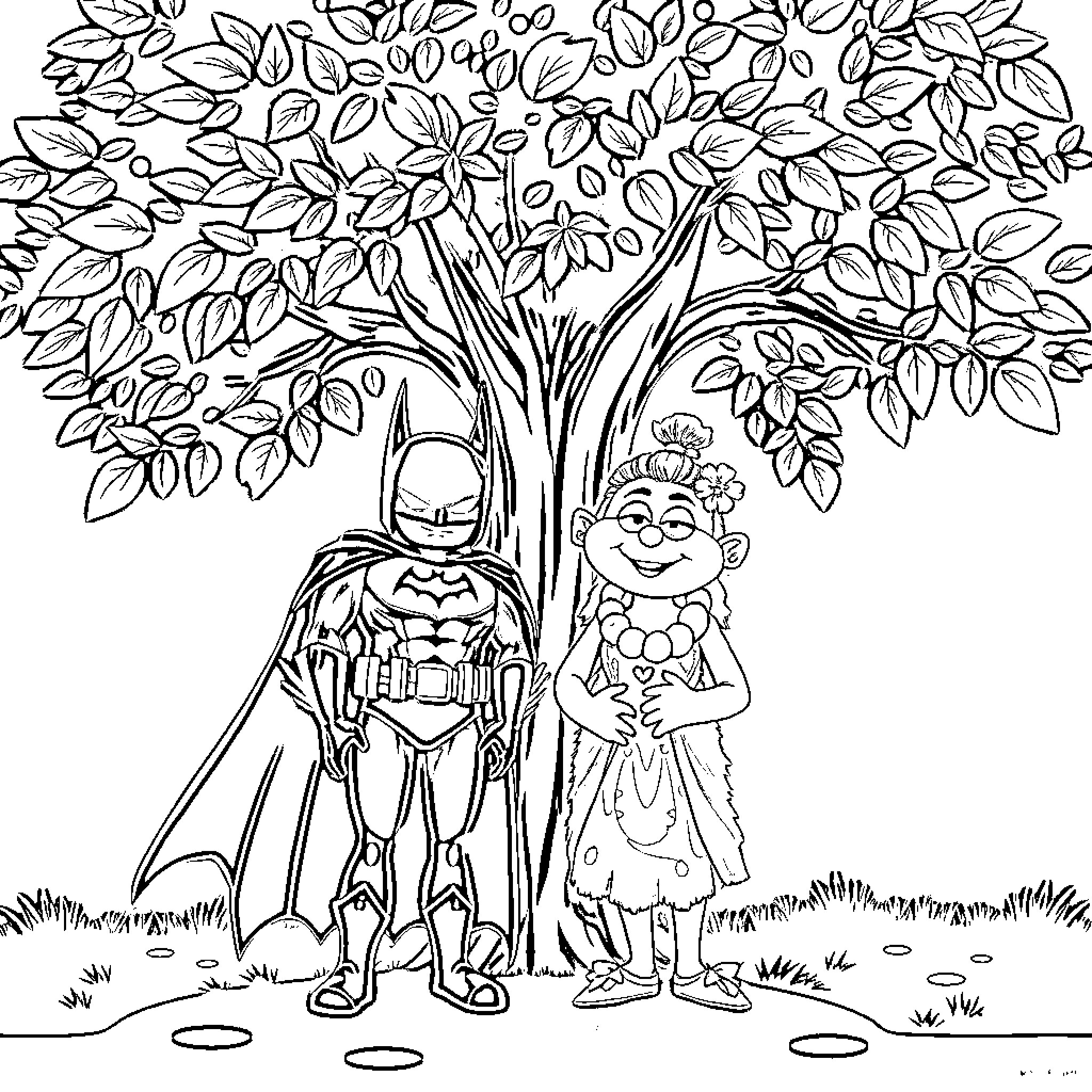 Batman and Fairy Princess in Nature Scene Coloring Page (free black-and-white line drawing printable PDF for all, from beginners to advanced learners, including children, teens, adults, and seniors)