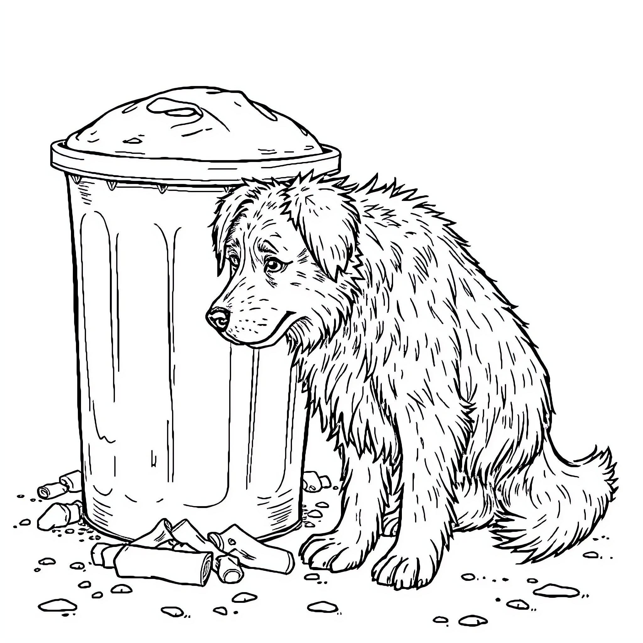 Dog knocking over trash can Coloring Page (free black-and-white line drawing printable PDF for all, from beginners to advanced learners, including children, teens, adults, and seniors)