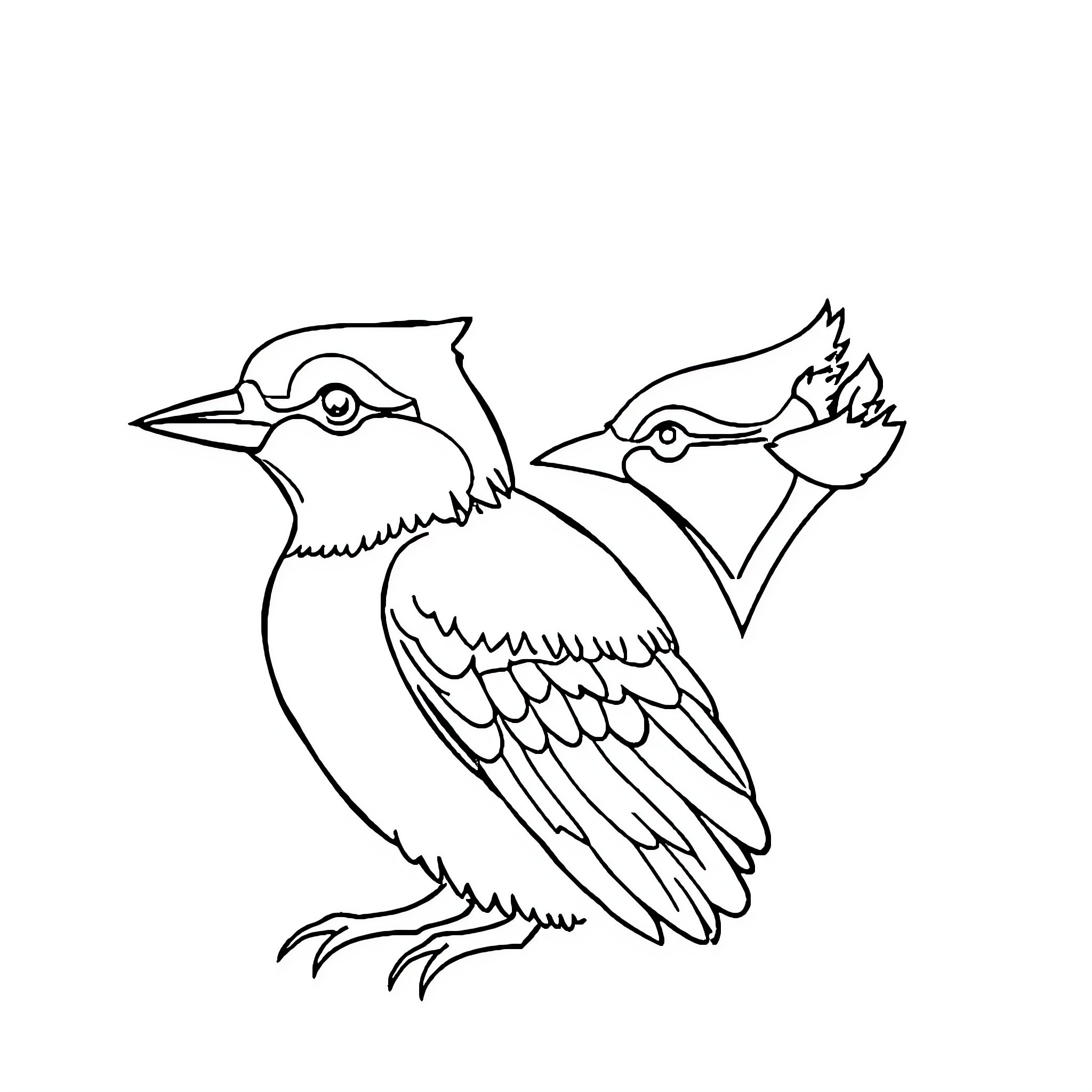 Blue Jay pair perched together Coloring Page (free black-and-white line drawing printable PDF for all, from beginners to advanced learners, including children, teens, adults, and seniors)