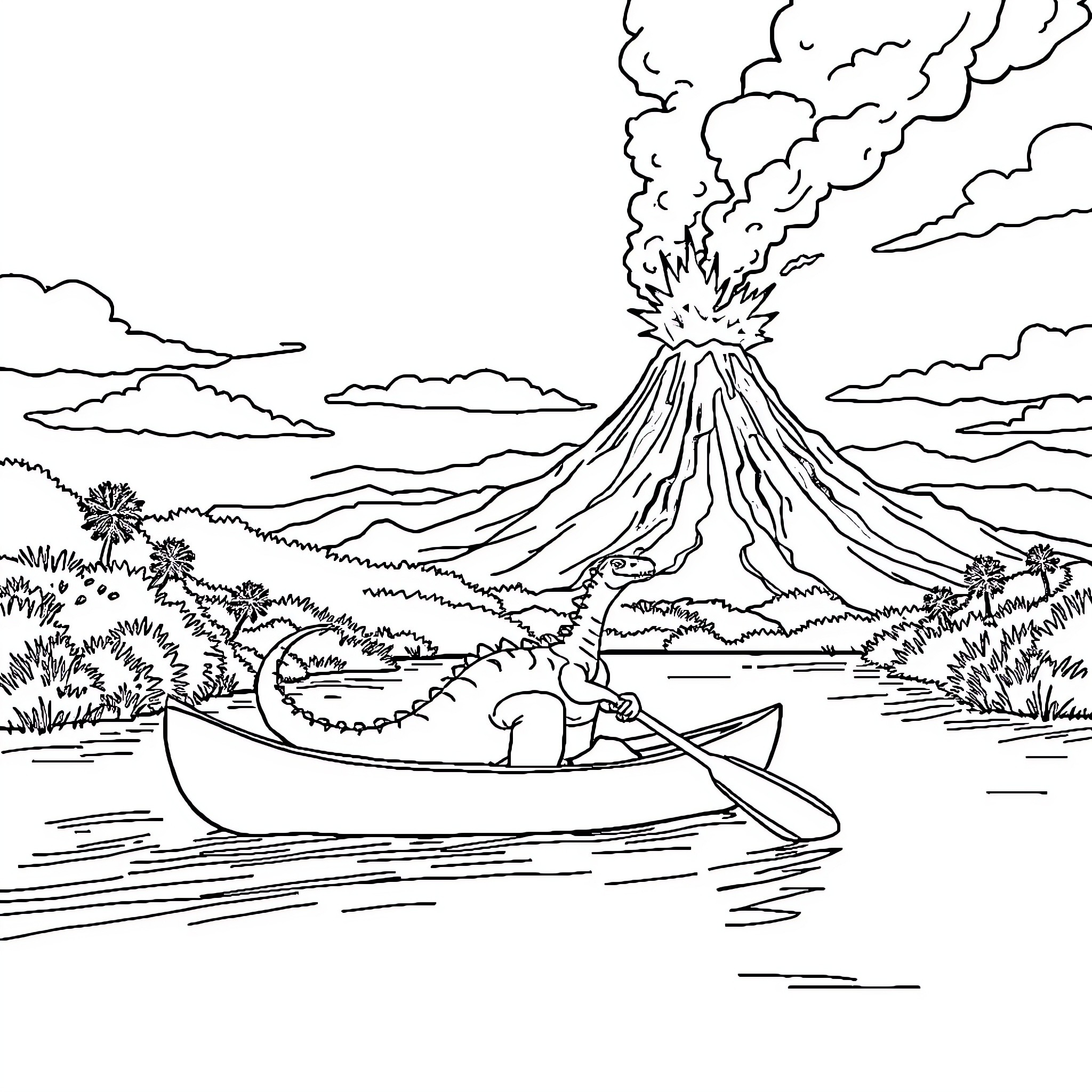 Dinosaur exploring volcanic landscape in a boat Coloring Page (free black-and-white line drawing printable PDF for all, from beginners to advanced learners, including children, teens, adults, and seniors)