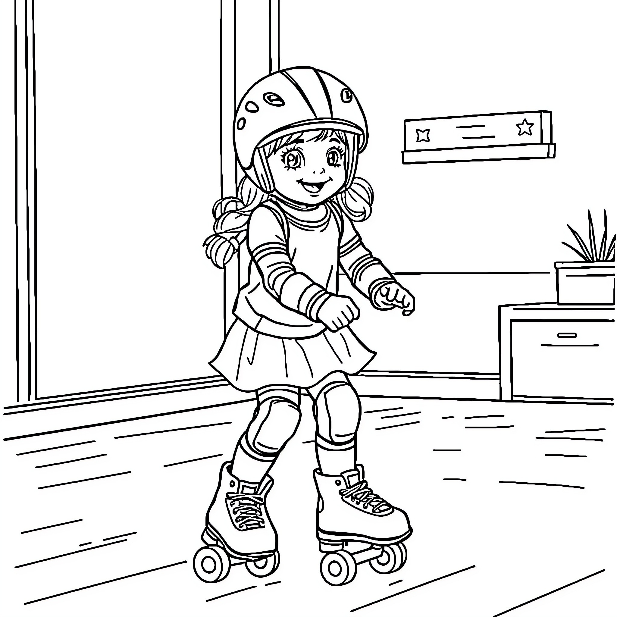 Girl in Roller Skates Playing in Bedroom Coloring Page (free black-and-white line drawing printable PDF for all, from beginners to advanced learners, including children, teens, adults, and seniors)
