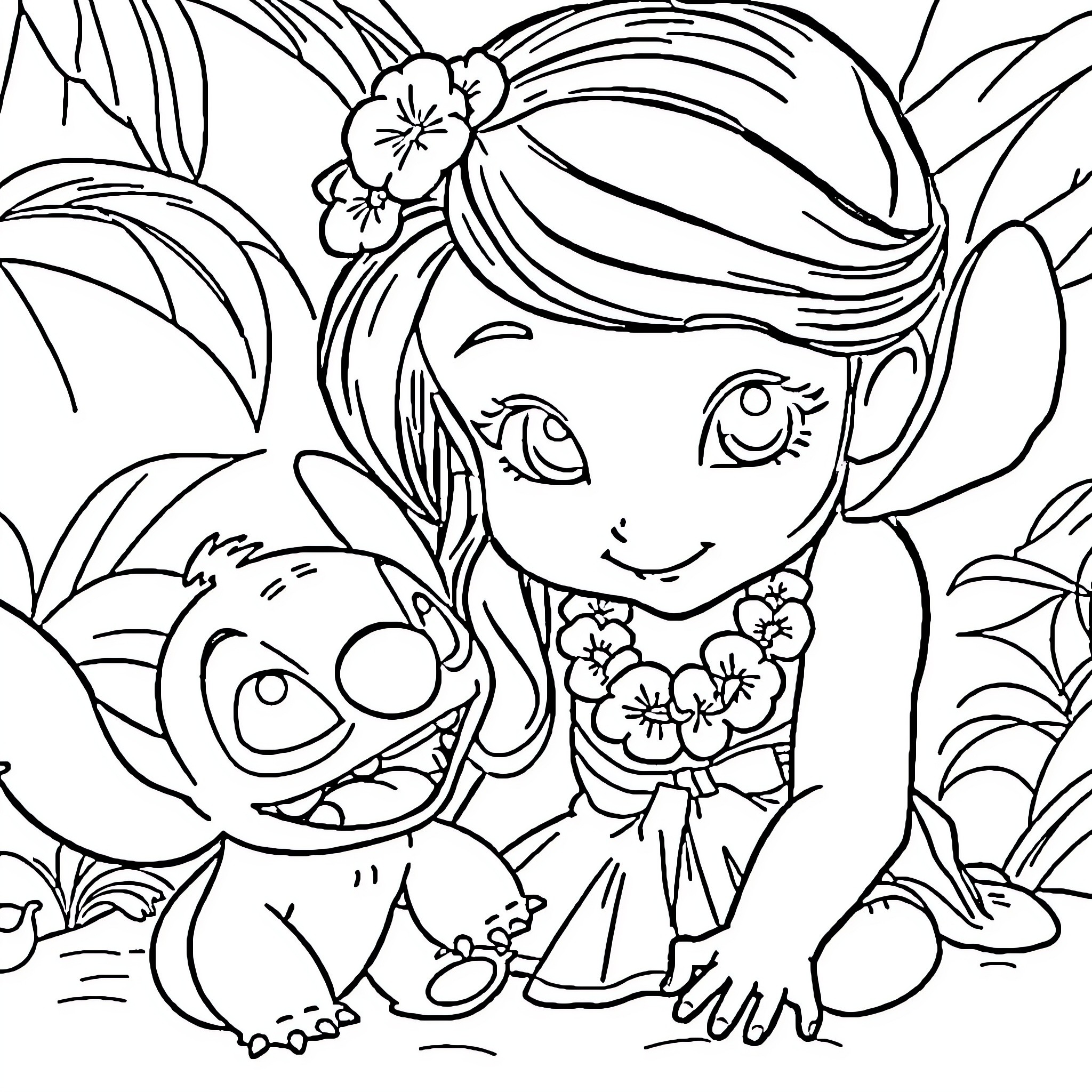 Lilo and Stitch playing in the tropical garden Coloring Page (free black-and-white line drawing printable PDF for all, from beginners to advanced learners, including children, teens, adults, and seniors)