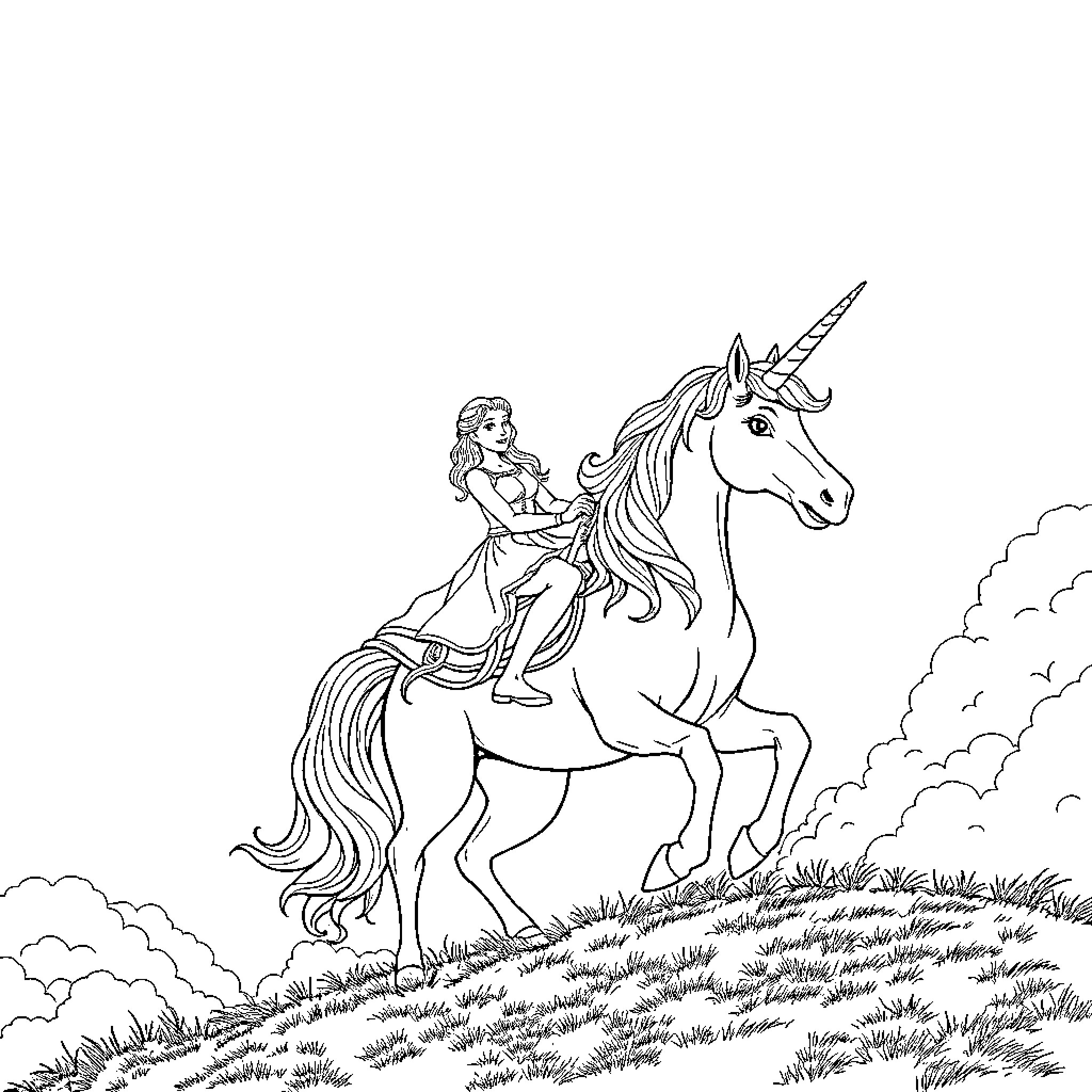 Elza's Magical Unicorn Adventure Coloring Page (free black-and-white line drawing printable PDF for all, from beginners to advanced learners, including children, teens, adults, and seniors)