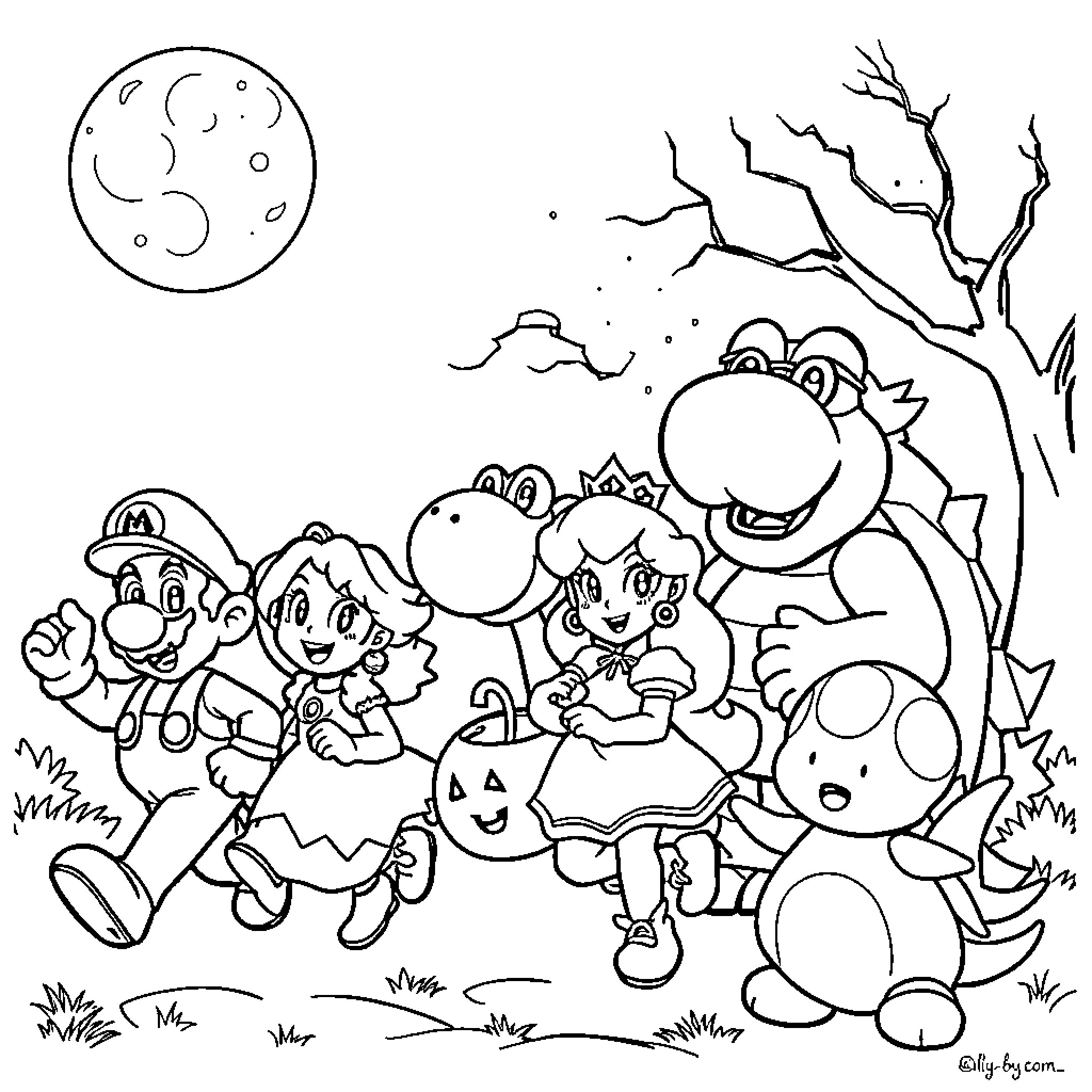 Mario and friends in a spooky Halloween adventure Coloring Page (free black-and-white line drawing printable PDF for all, from beginners to advanced learners, including children, teens, adults, and seniors)