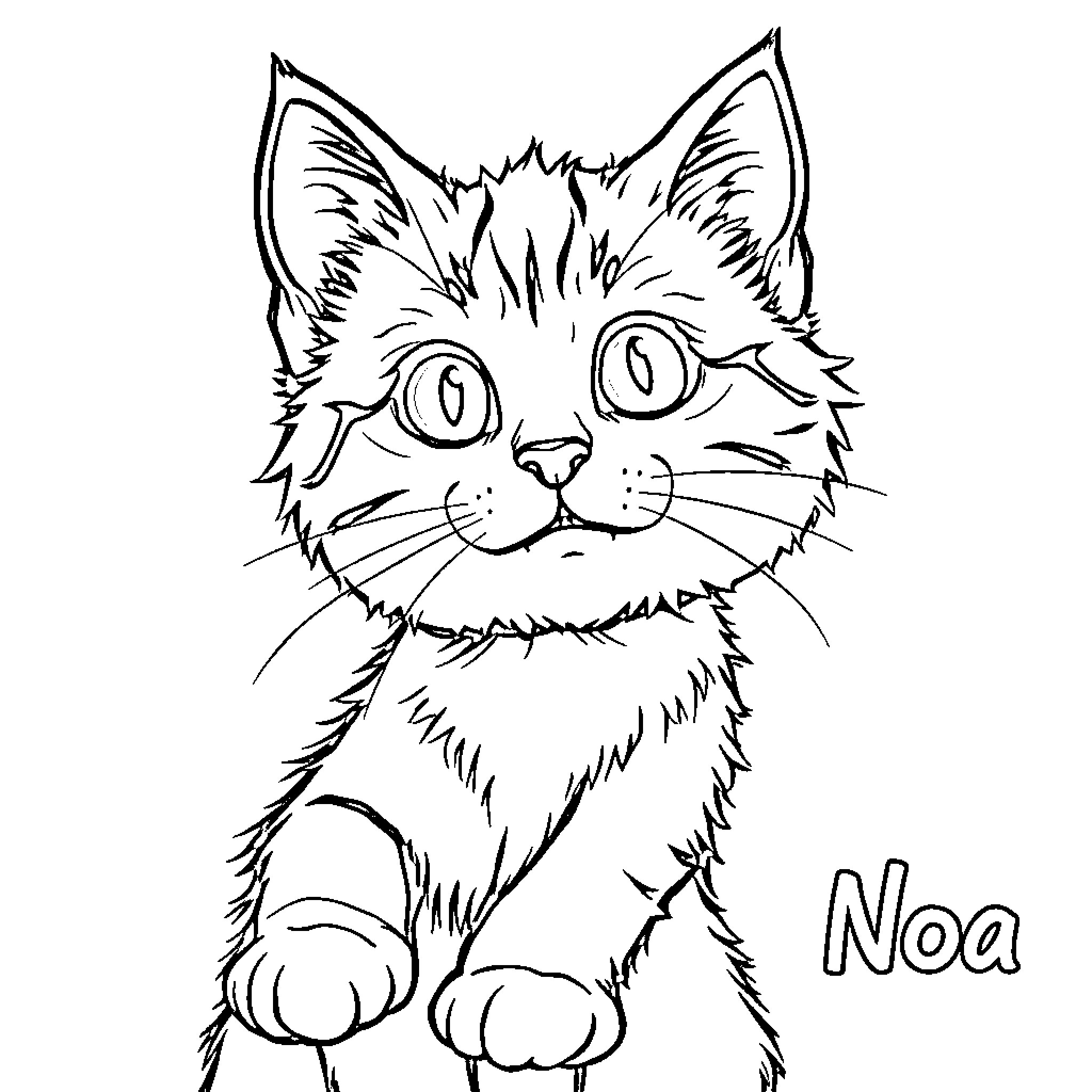 Cat named Noa with curious expression Coloring Page (free black-and-white line drawing printable PDF for all, from beginners to advanced learners, including children, teens, adults, and seniors)