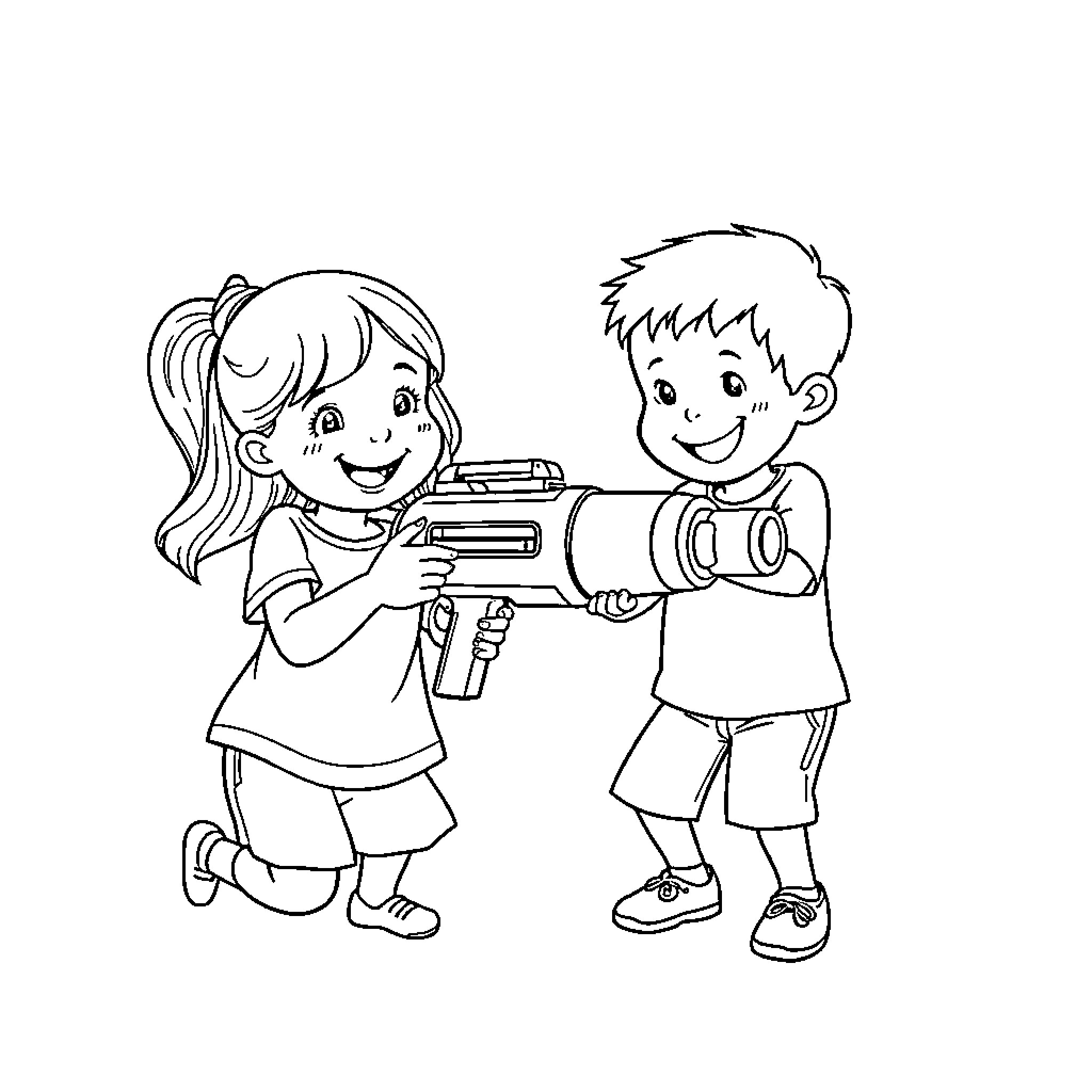 Girl and Boy Playing with Water Guns Coloring Page (free black-and-white line drawing printable PDF for all, from beginners to advanced learners, including children, teens, adults, and seniors)