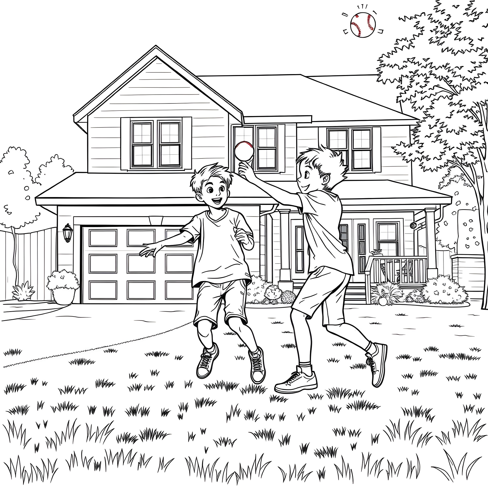 Teen Guy Playing Outdoors on Sunny Day Coloring Page (free black-and-white line drawing printable PDF for all, from beginners to advanced learners, including children, teens, adults, and seniors)