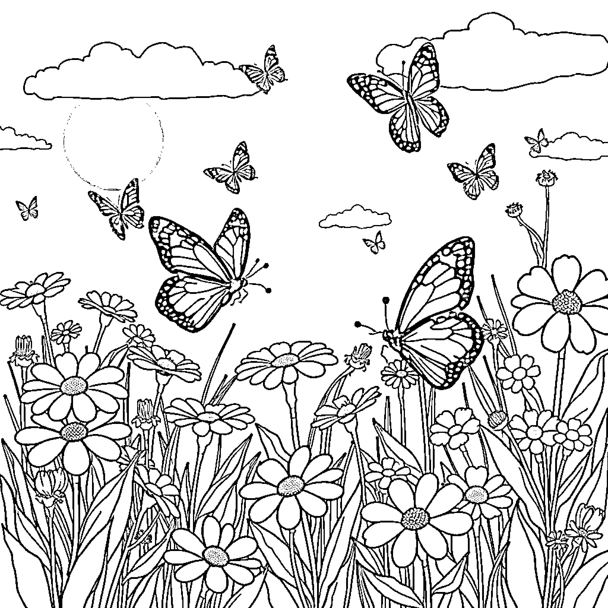 Butterflies dancing among the flowers Coloring Page (free black-and-white line drawing printable PDF for all, from beginners to advanced learners, including children, teens, adults, and seniors)