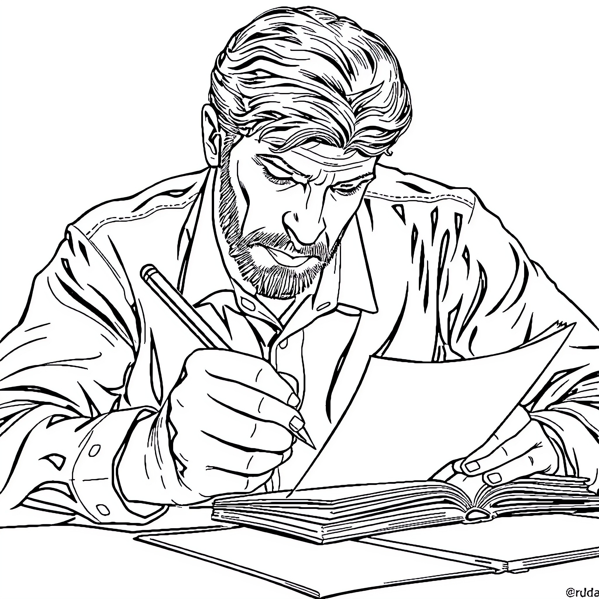 Writer Deeply Engrossed in Manuscript Coloring Page (free black-and-white line drawing printable PDF for all, from beginners to advanced learners, including children, teens, adults, and seniors)