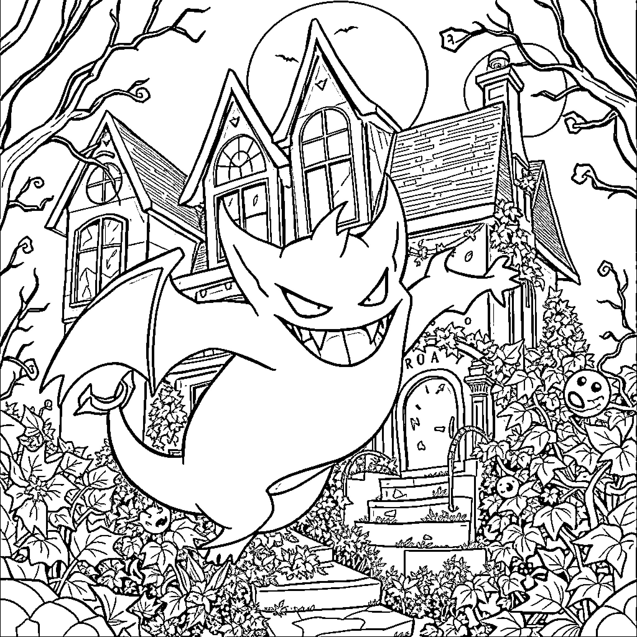 Gengar haunting a spooky house in the moonlight Coloring Page (free black-and-white line drawing printable PDF for all, from beginners to advanced learners, including children, teens, adults, and seniors)