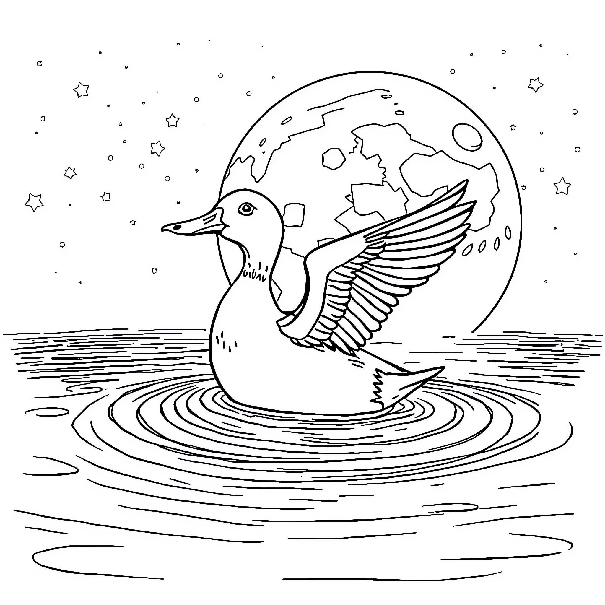 Duck soaring over a starry night sky Coloring Page (free black-and-white line drawing printable PDF for all, from beginners to advanced learners, including children, teens, adults, and seniors)