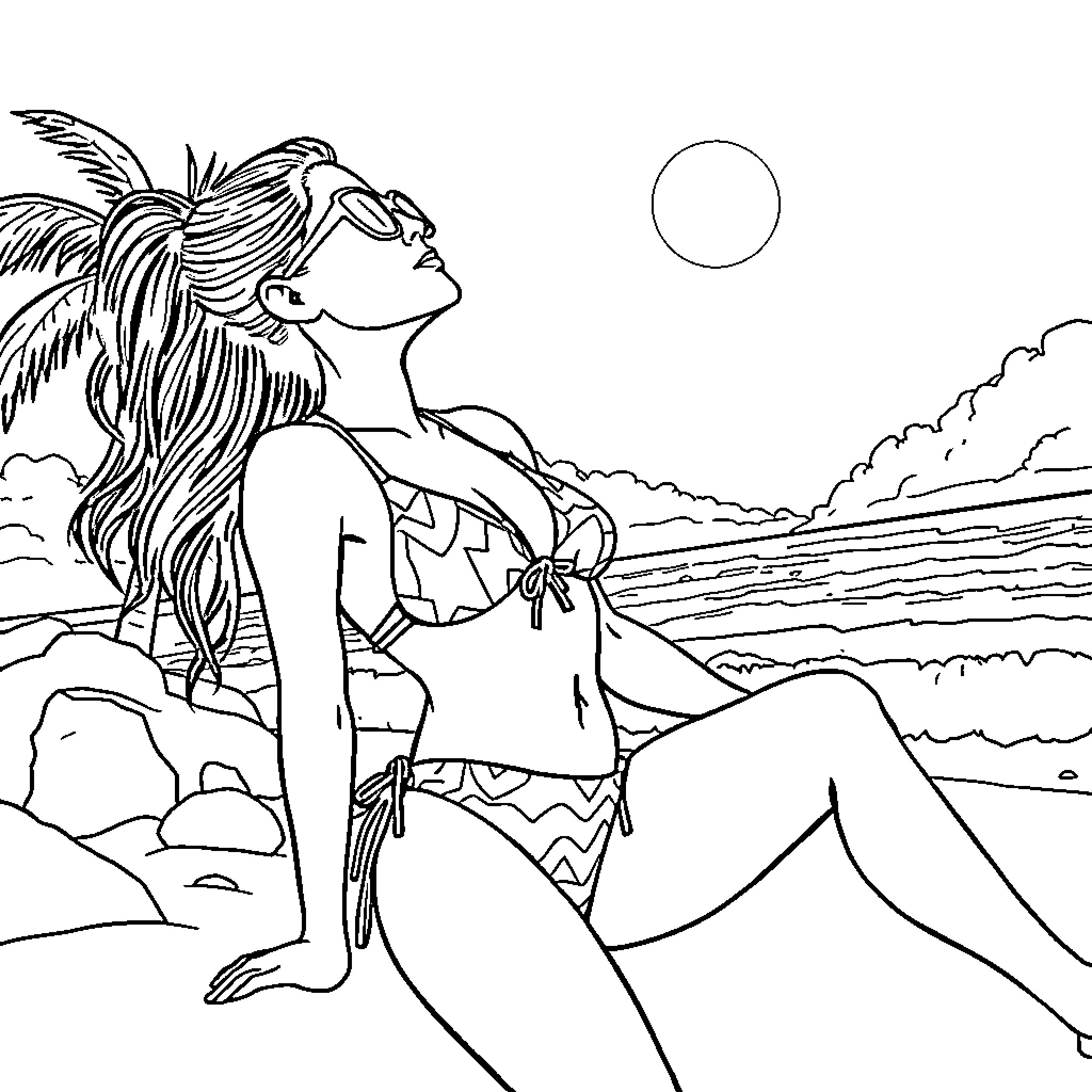 Bikini Girl Enjoying the Beach at Sunset Coloring Page (free black-and-white line drawing printable PDF for all, from beginners to advanced learners, including children, teens, adults, and seniors)