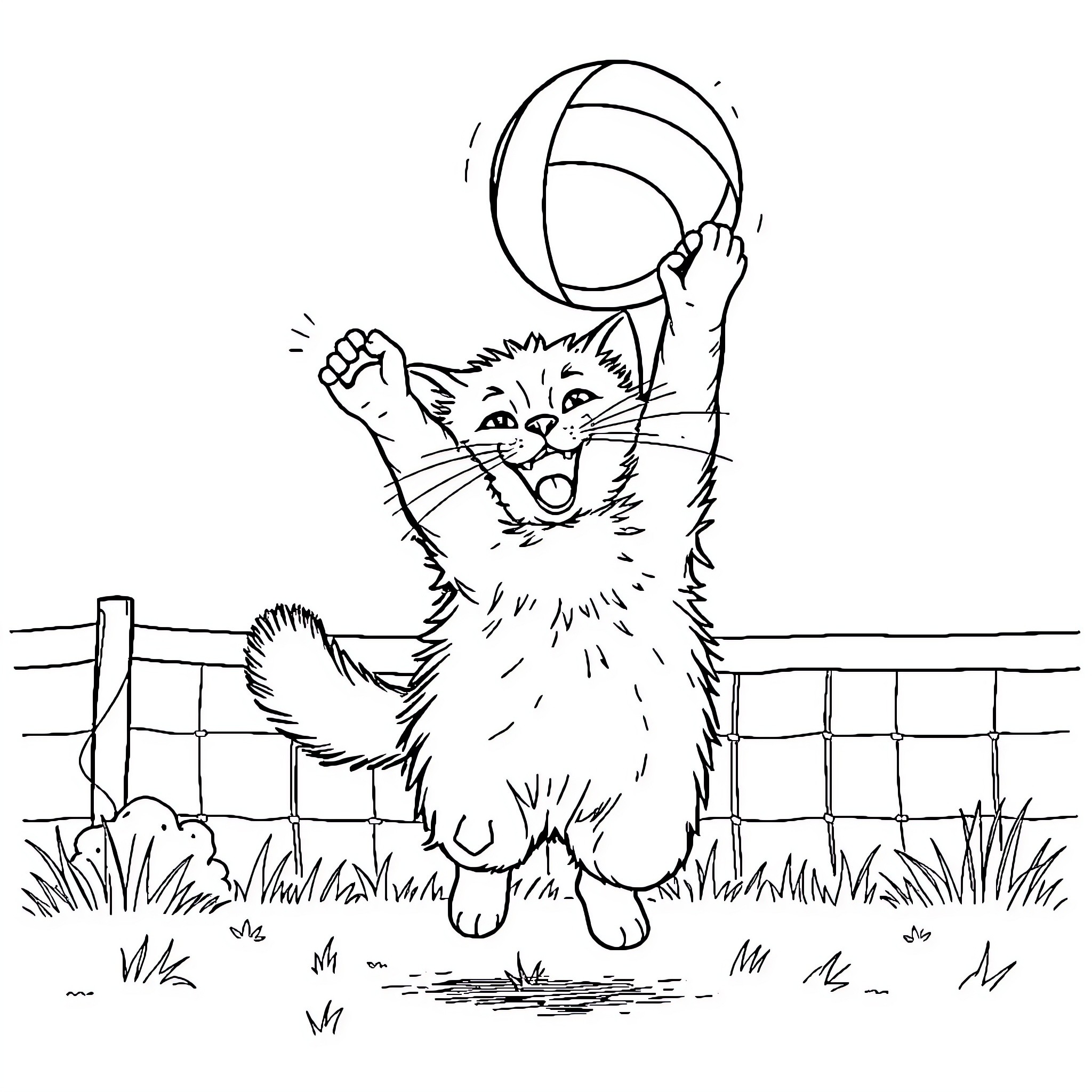Cat playing with ball on grassy field Coloring Page (free black-and-white line drawing printable PDF for all, from beginners to advanced learners, including children, teens, adults, and seniors)