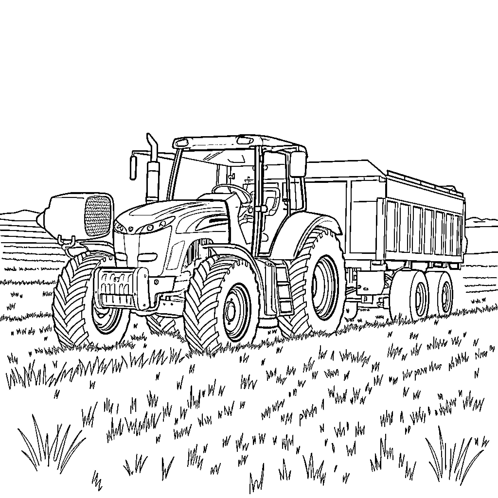 Tractor hauling a large dump truck on a rural landscape Coloring Page (free black-and-white line drawing printable PDF for all, from beginners to advanced learners, including children, teens, adults, and seniors)
