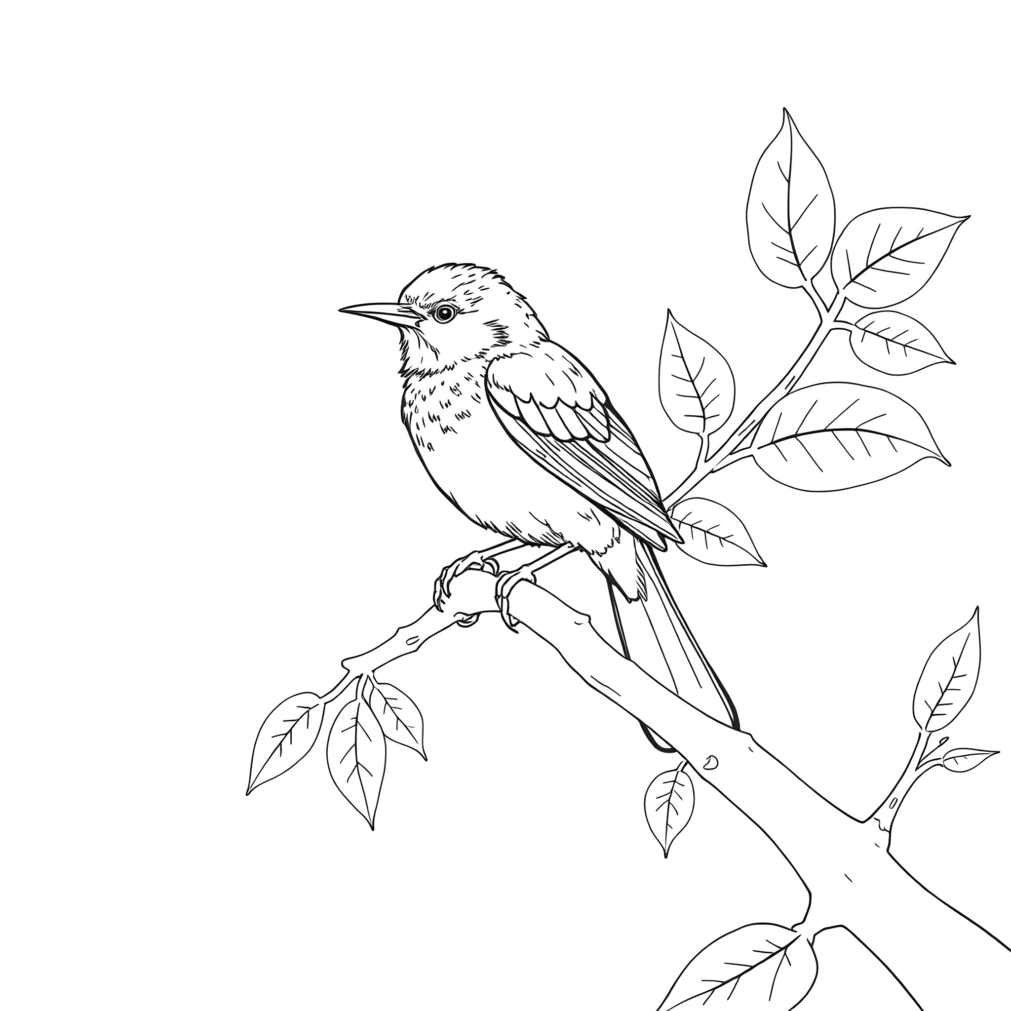 Passerina bird perched on a leafy branch Coloring Page (free black-and-white line drawing printable PDF for all, from beginners to advanced learners, including children, teens, adults, and seniors)