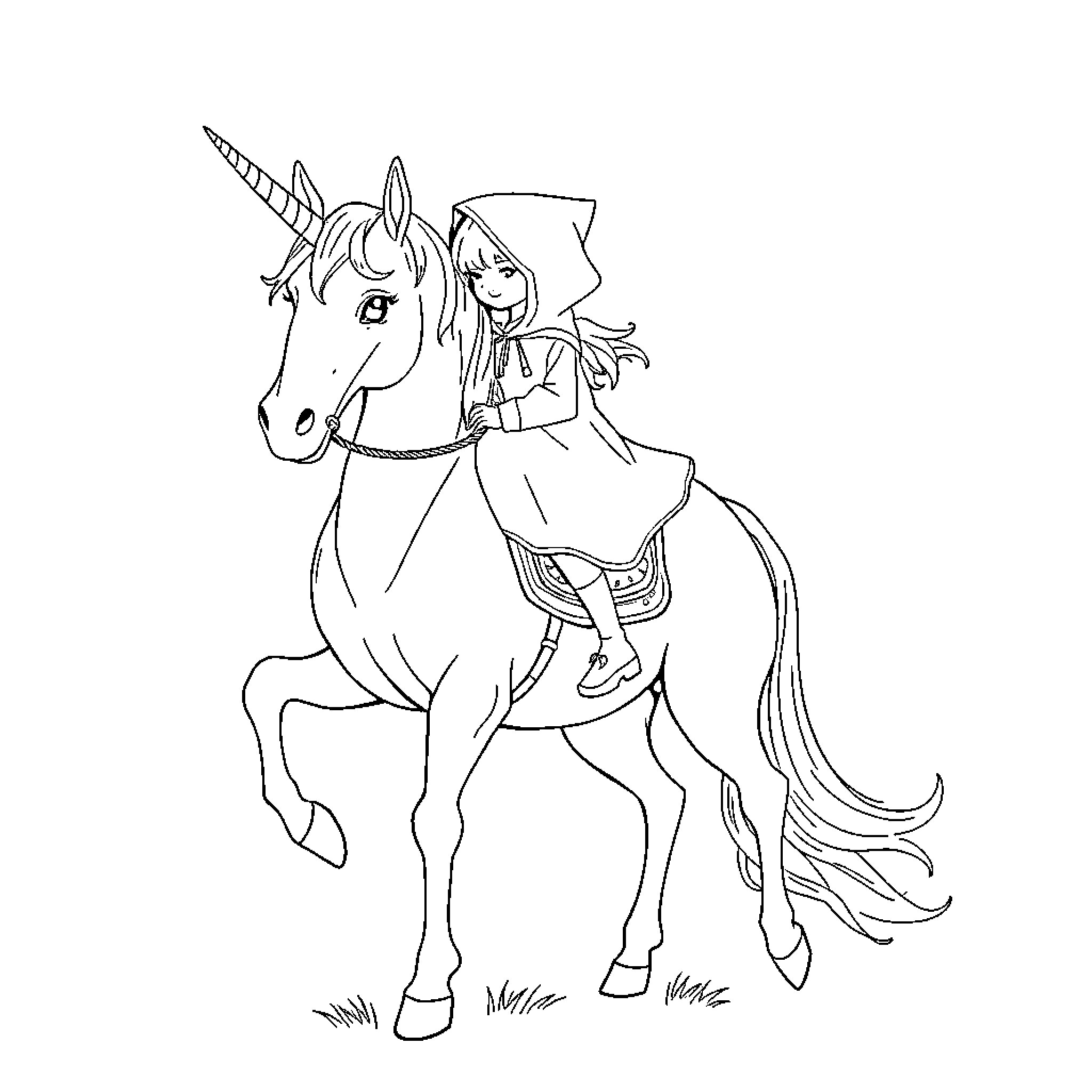 Hood figure riding unicorn in fantasy scene Coloring Page (free black-and-white line drawing printable PDF for all, from beginners to advanced learners, including children, teens, adults, and seniors)