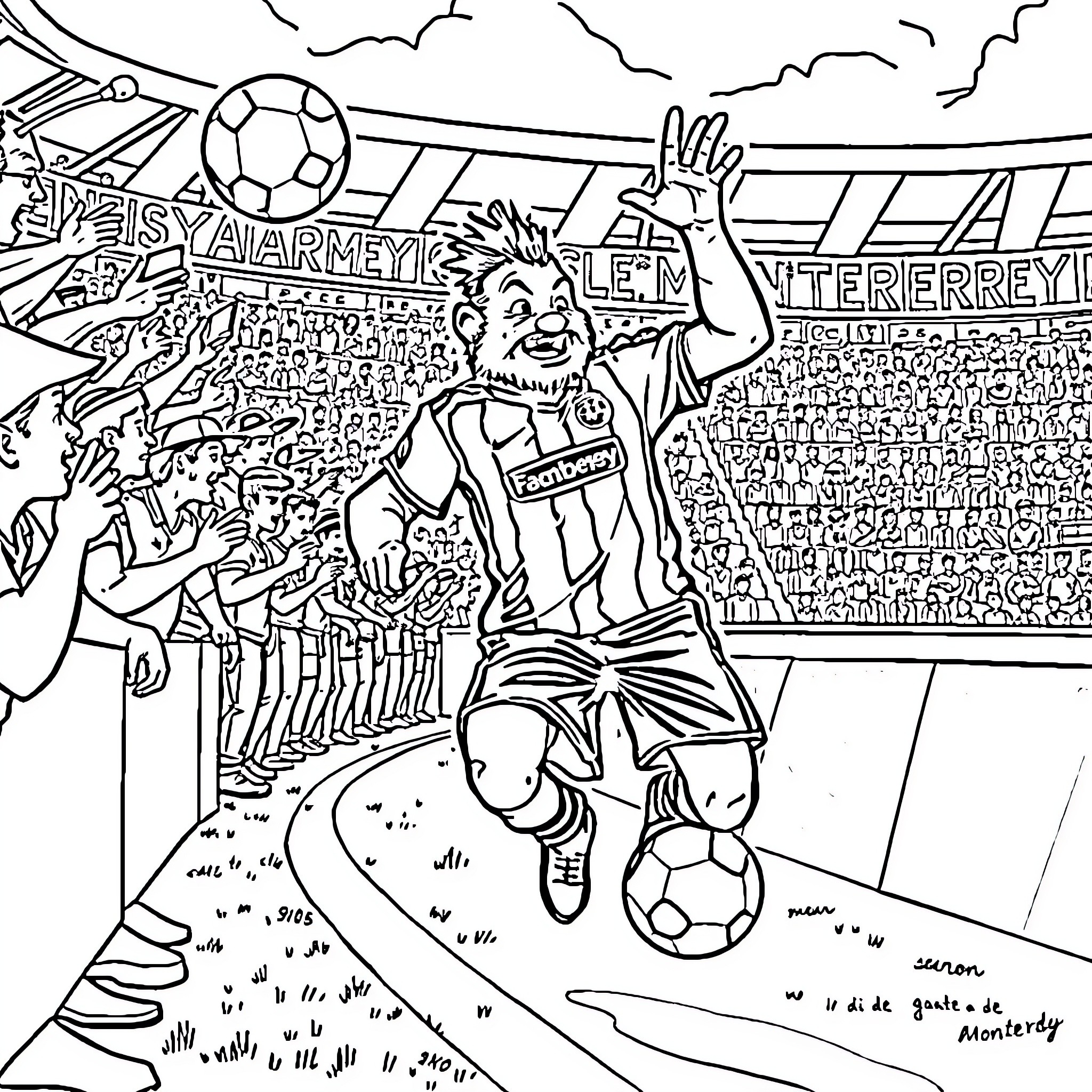 Hombre Araña playing soccer in a crowded stadium Coloring Page (free black-and-white line drawing printable PDF for all, from beginners to advanced learners, including children, teens, adults, and seniors)
