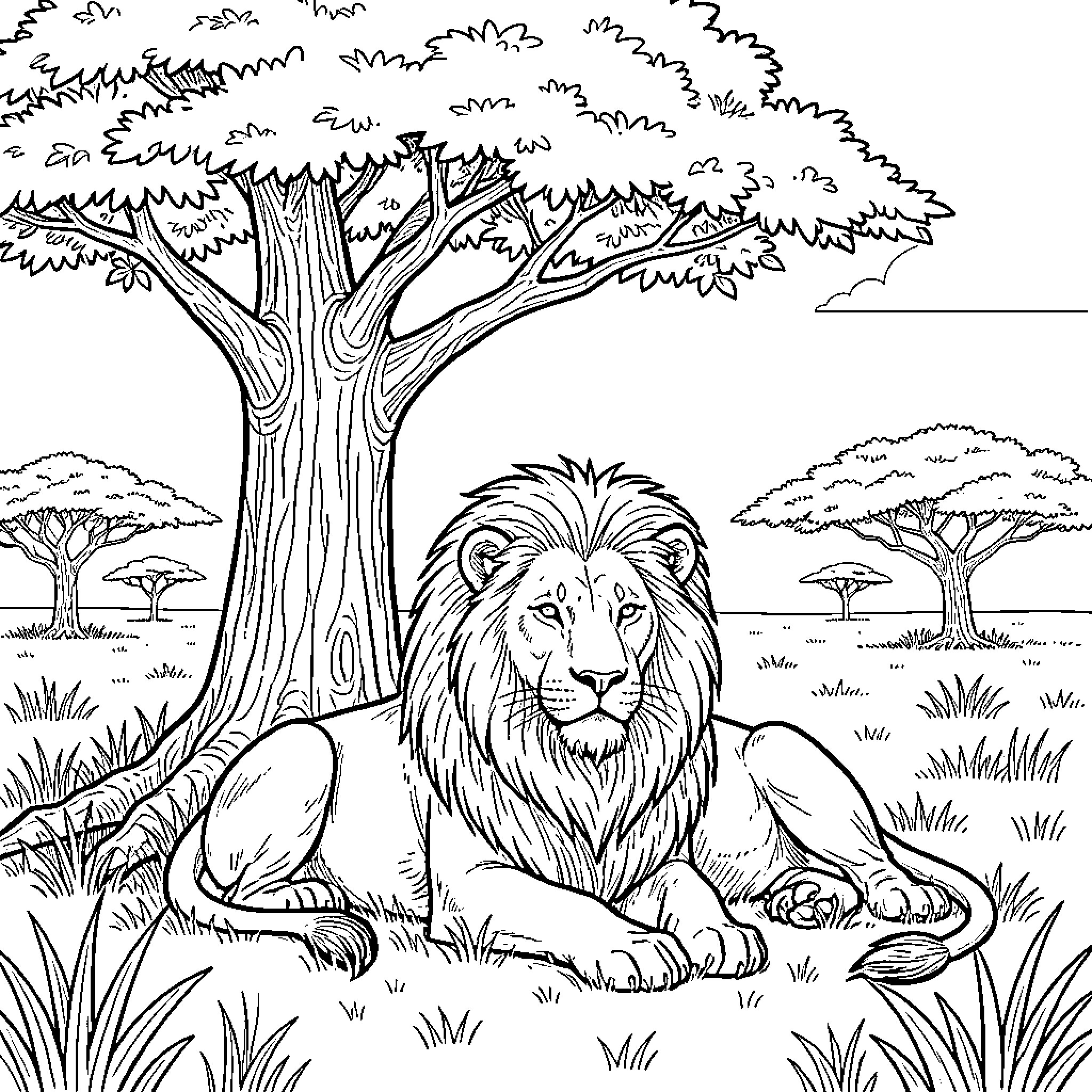 Lion resting peacefully in the African savanna Coloring Page (free black-and-white line drawing printable PDF for all, from beginners to advanced learners, including children, teens, adults, and seniors)